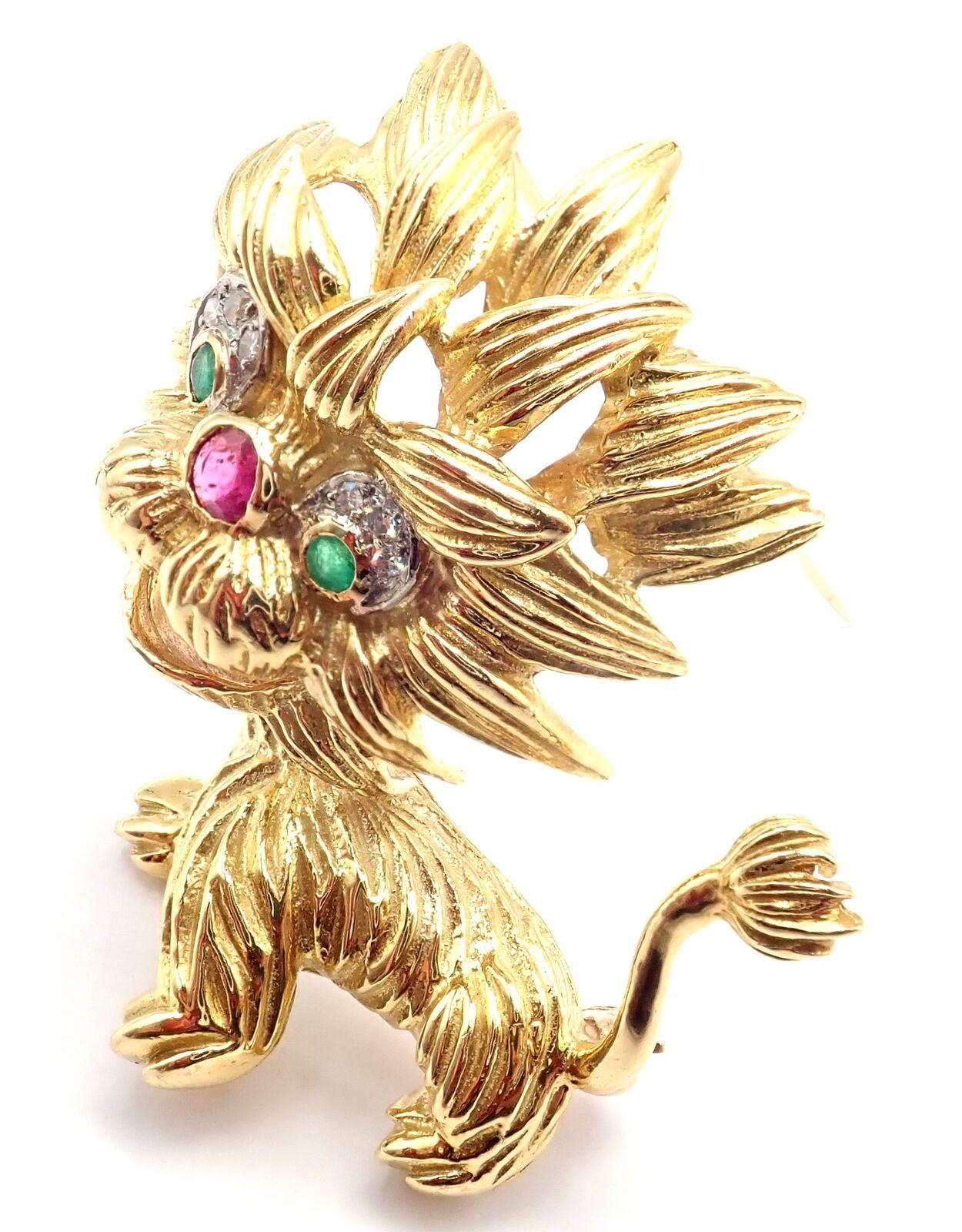 Brilliant Cut Vintage Cartier Whimsical Dragon Lion Diamond Ruby Emerald Pin Brooch For Sale