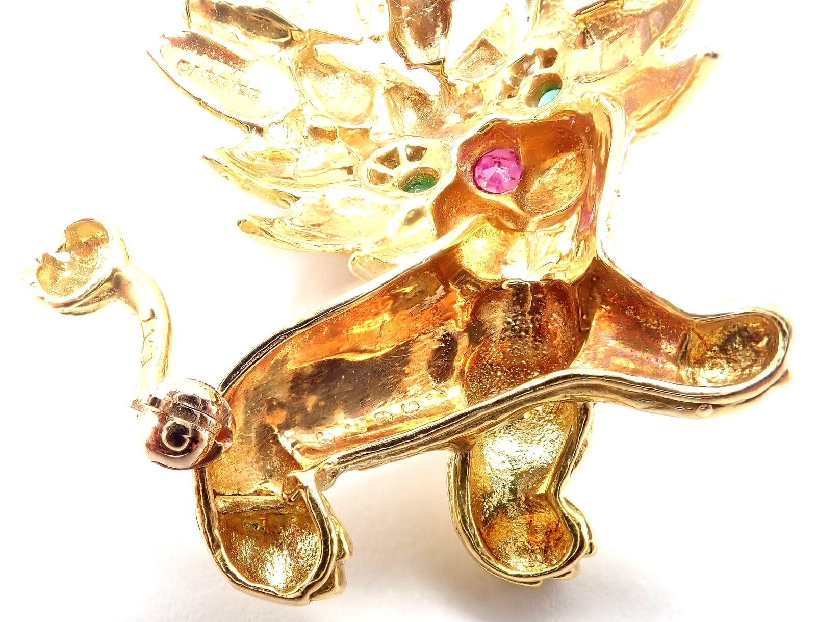 Vintage Cartier Whimsical Dragon Lion Diamond Ruby Emerald Pin Brooch For Sale 2