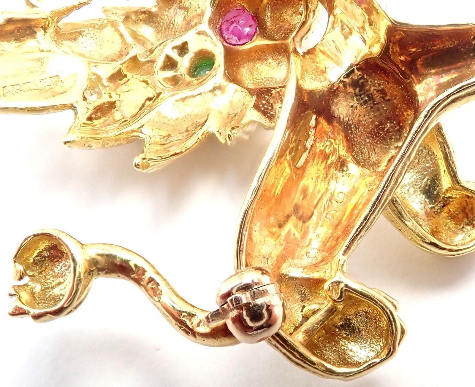 Vintage Cartier Whimsical Dragon Lion Diamond Ruby Emerald Pin Brooch For Sale 3