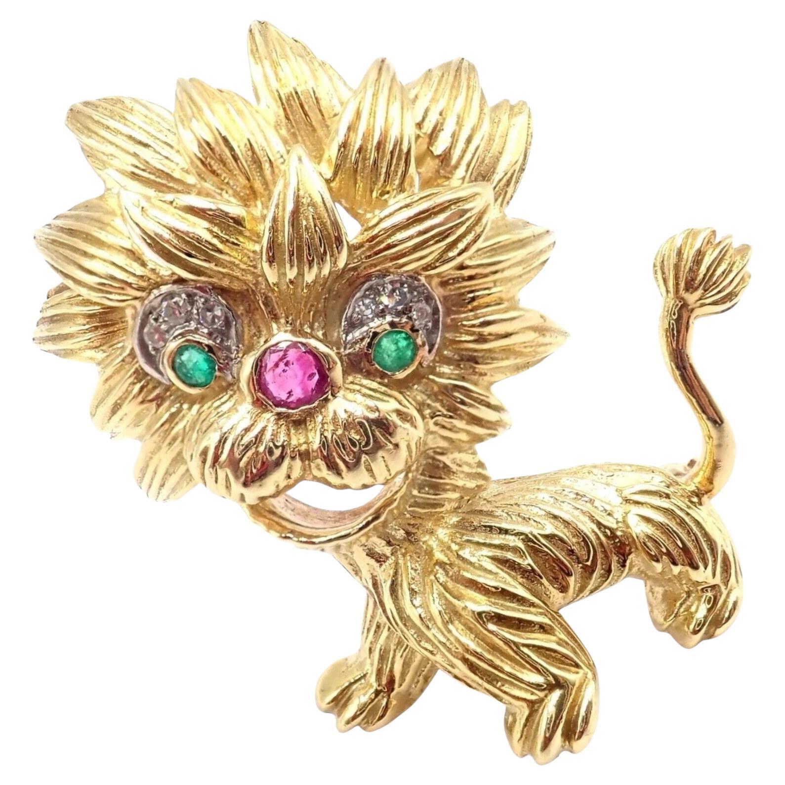 Vintage Cartier Whimsical Dragon Lion Diamond Ruby Emerald Pin Brooch For Sale