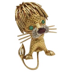 Vintage Cartier 'Whimsical Lion' Yellow Gold Diamond Ruby Brooch