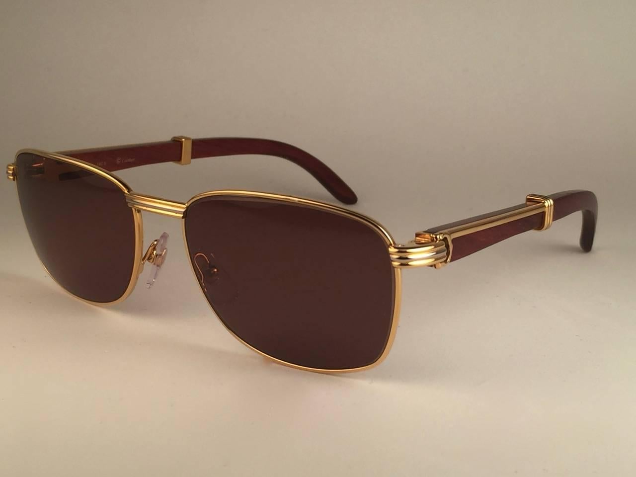 Vintage Cartier Wood Amboise 56mm Gold and Precious Wood Brown Lens Sunglasses  For Sale 1