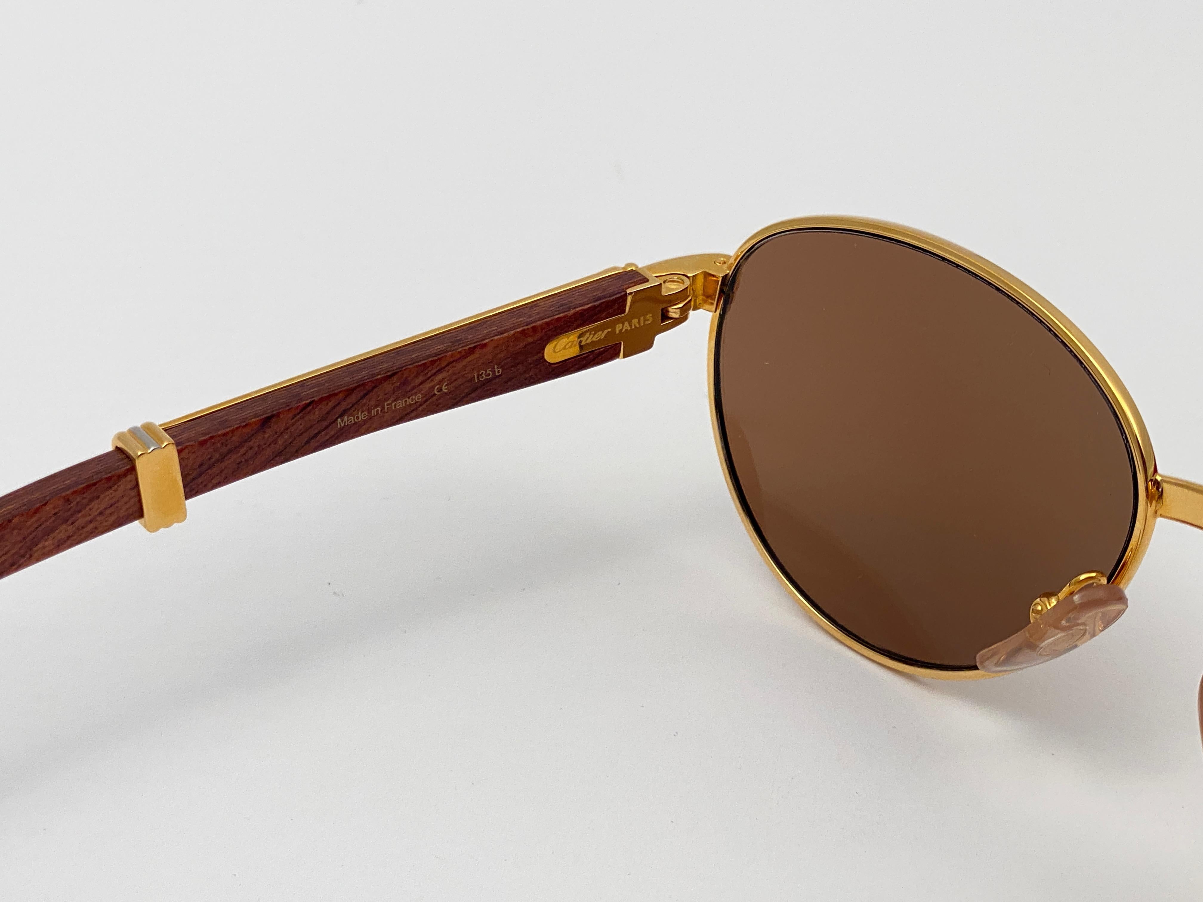 Gafas de sol Vintage Cartier Wood Auteuil 52mm Oro y Madera Preciosa Lente Marrón en venta 1