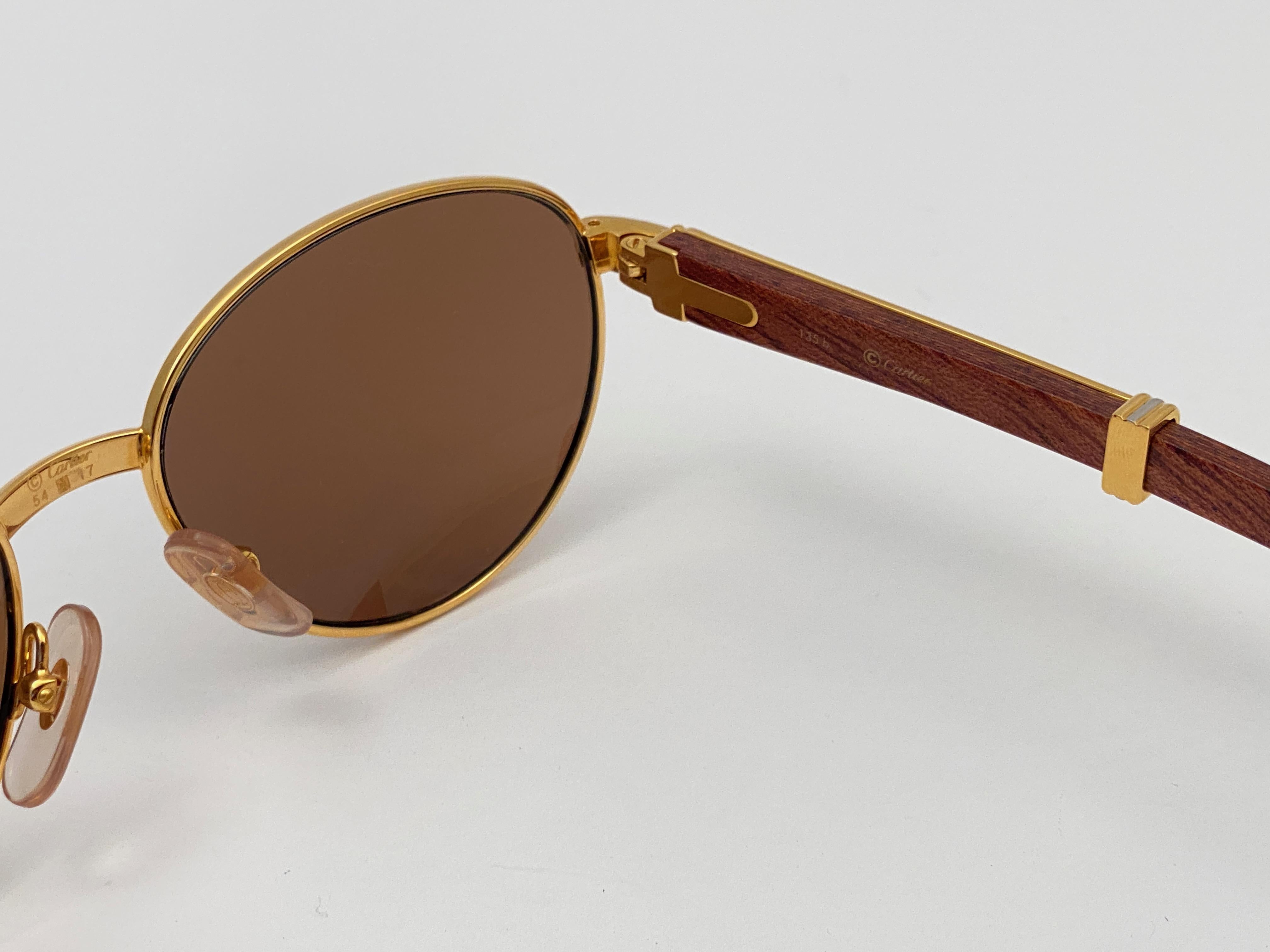 Marron Lunettes de soleil vintage Cartier Auteuil en bois, monture dorée et verre brun précieux de 54 mm 