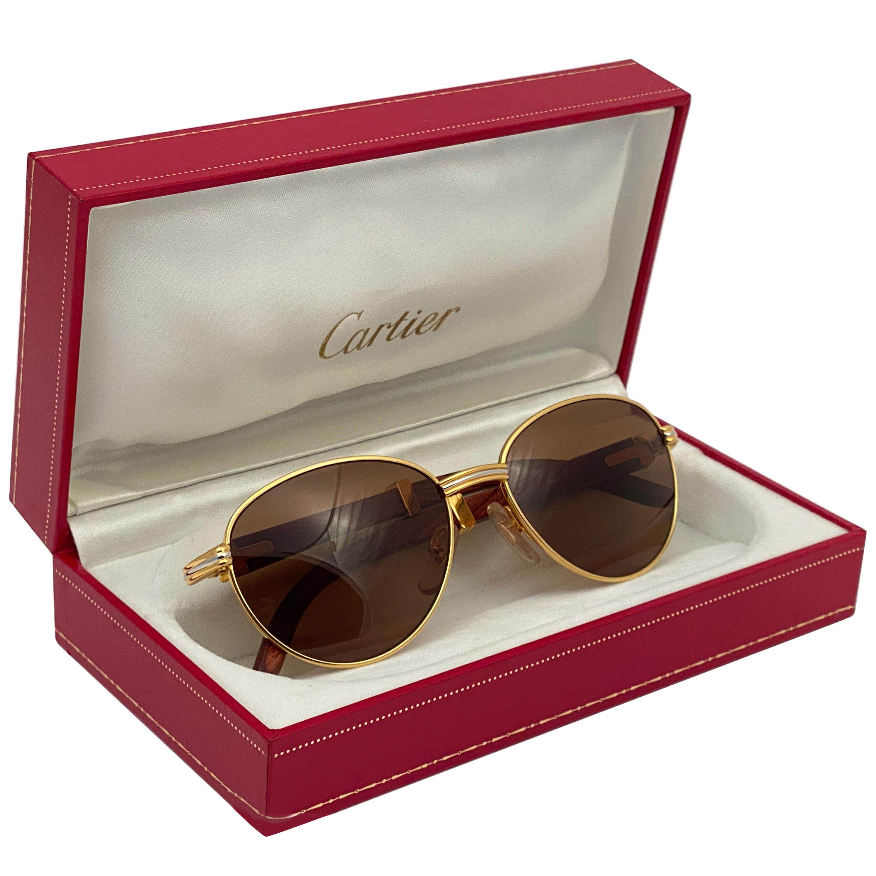 Vintage Cartier Wood Auteuil 54mm Gold and Precious Wood Brown Lens Sunglasses 