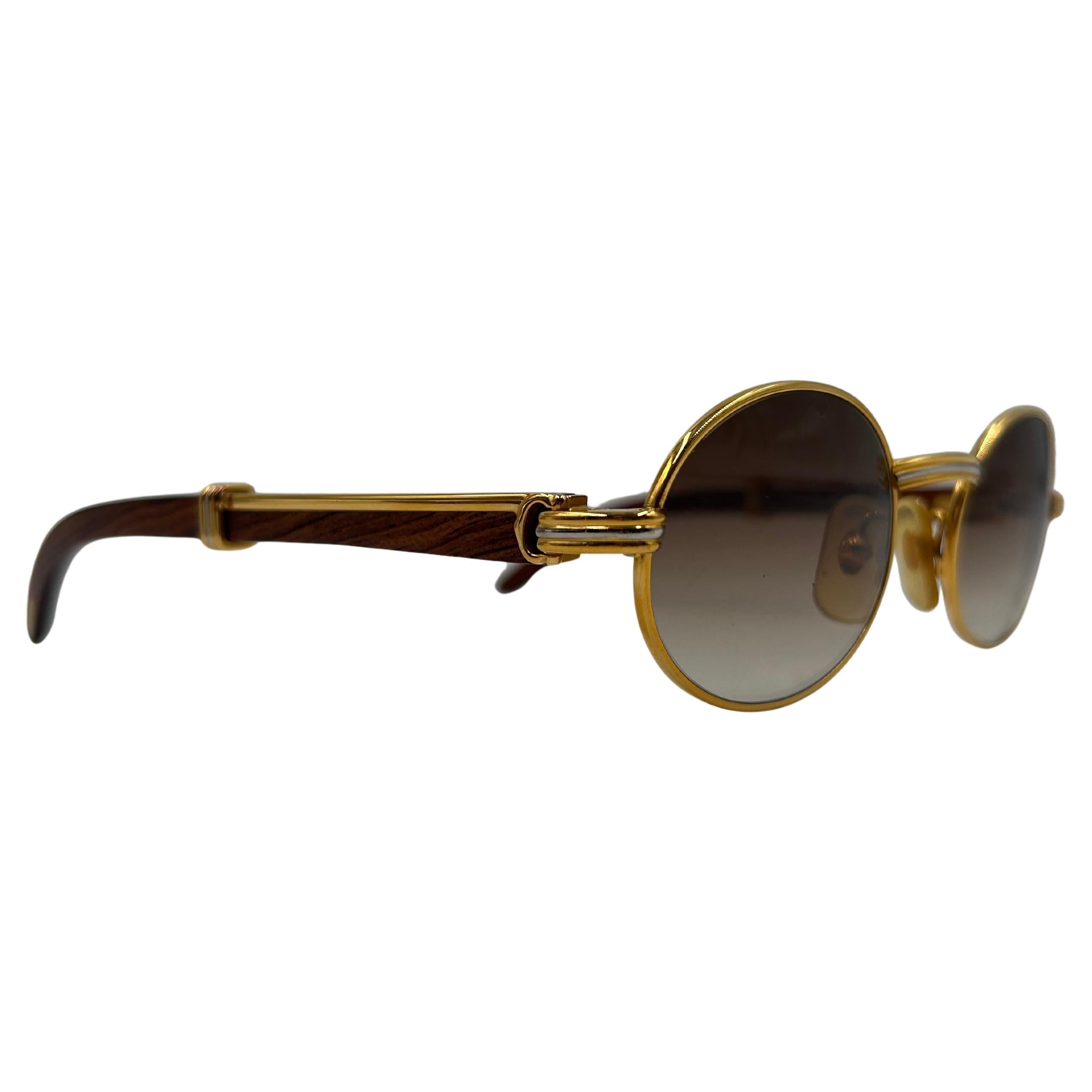 Gafas de sol vintage Cartier Wood Auteuil de oro y madera preciosa con lentes ombré marrones
