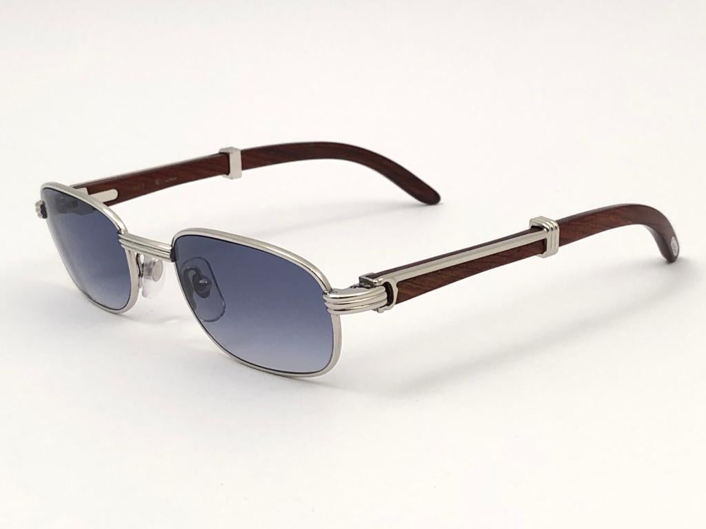 Gray Vintage Cartier Wood Breteuil 50mm Gold and Precious Wood Brown Lens Sunglasses 