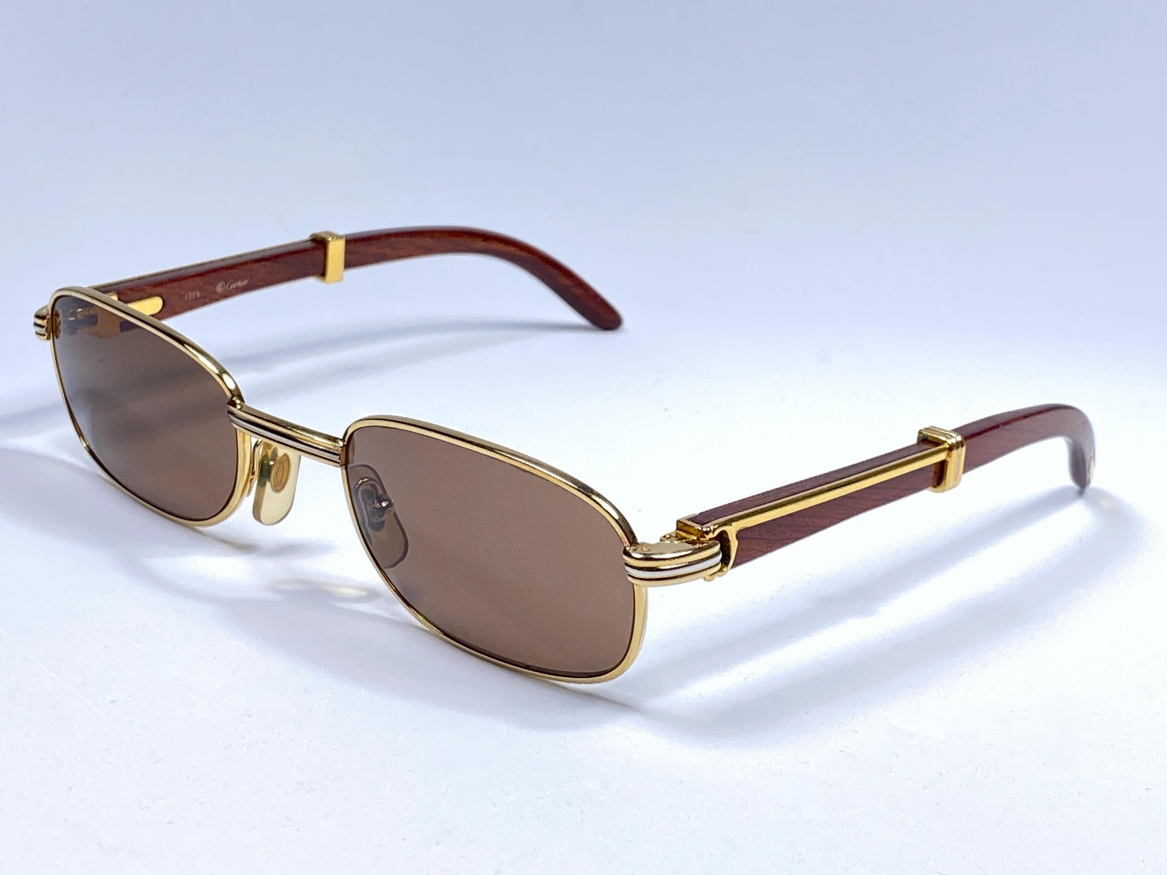 Gray Vintage Cartier Wood Breteuil 50mm Gold and Precious Wood Brown Lens Sunglasses  For Sale