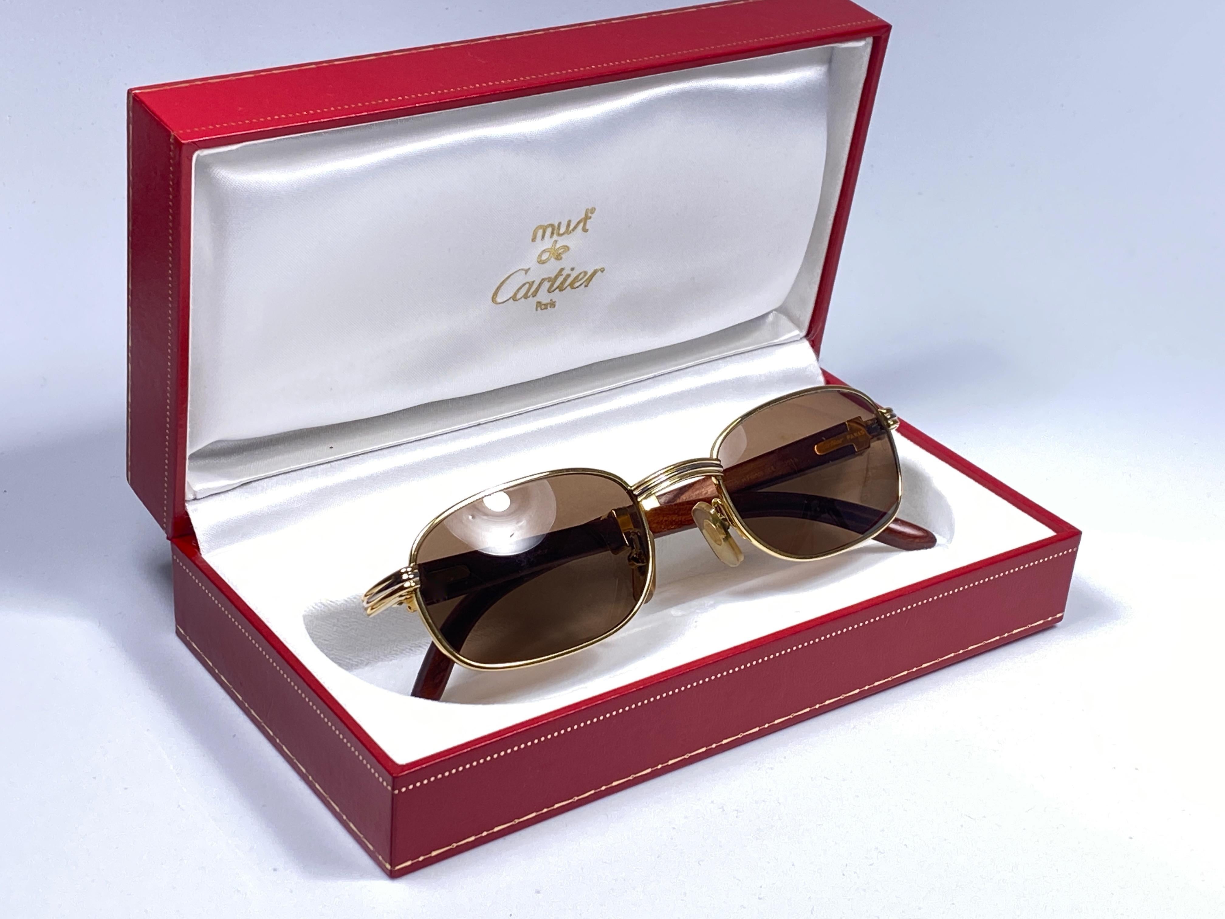Women's or Men's Vintage Cartier Wood Breteuil 50mm Gold and Precious Wood Brown Lens Sunglasses  For Sale