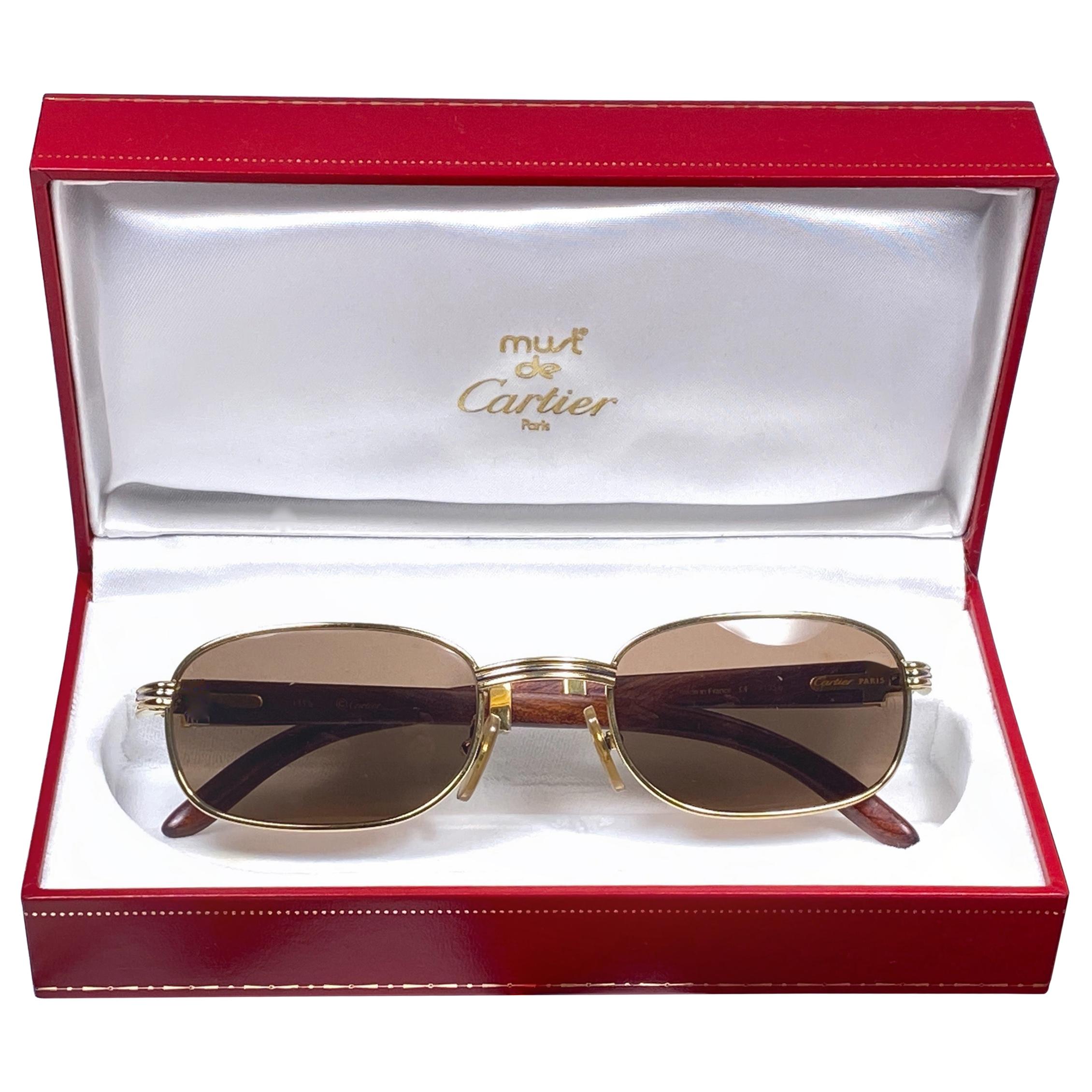 Vintage Cartier Wood Breteuil 52mm Gold and Precious Wood Brown Lens Sunglasses 