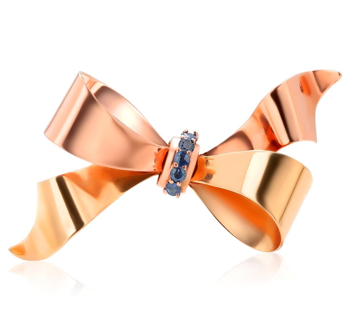 Round Cut Cartier Yellow and Rose Gold Sapphire Vintage Large Bow Brooch