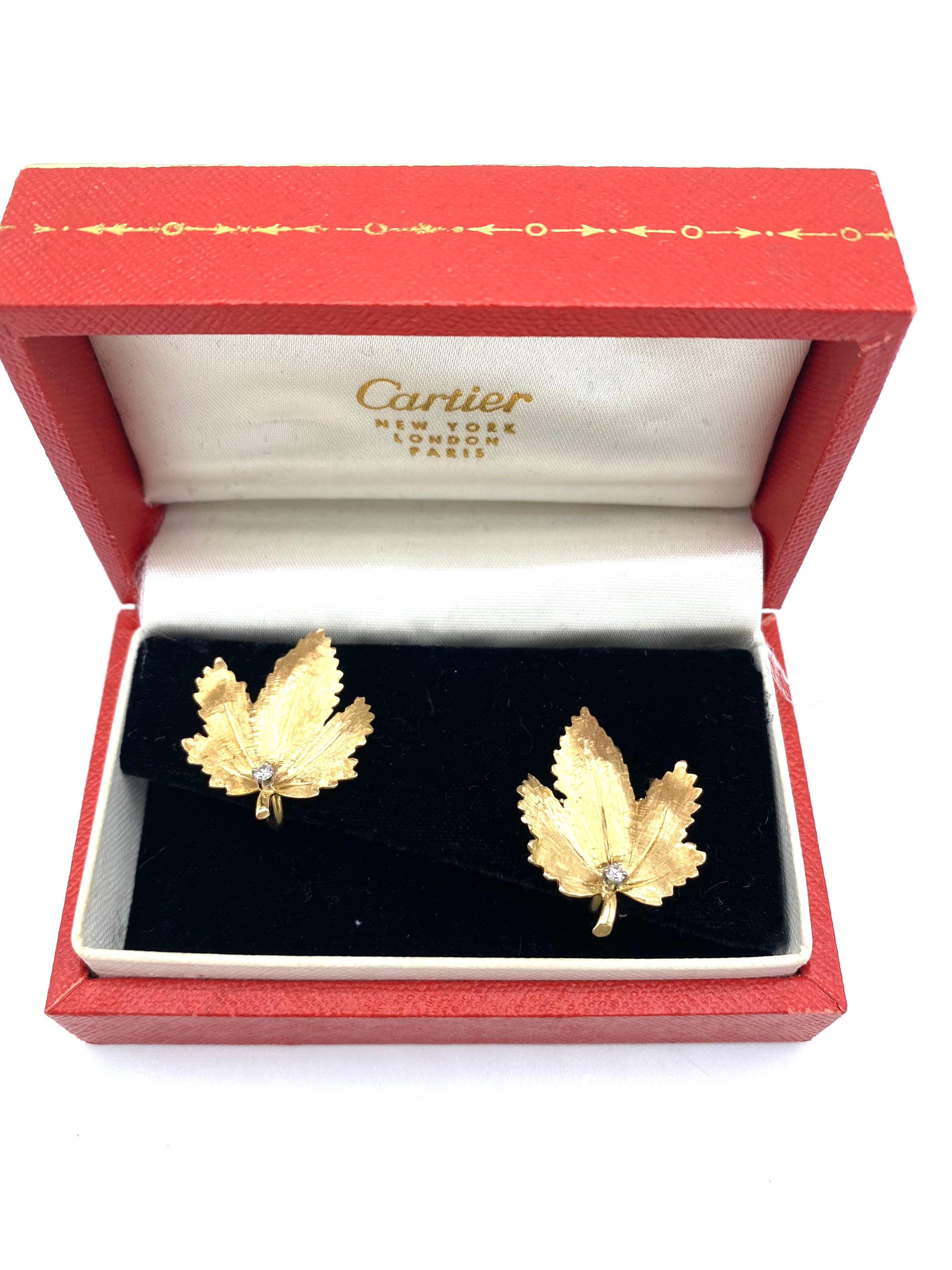 Vintage CARTIER Yellow Gold and Diamond Maple Leaves Earrings  8