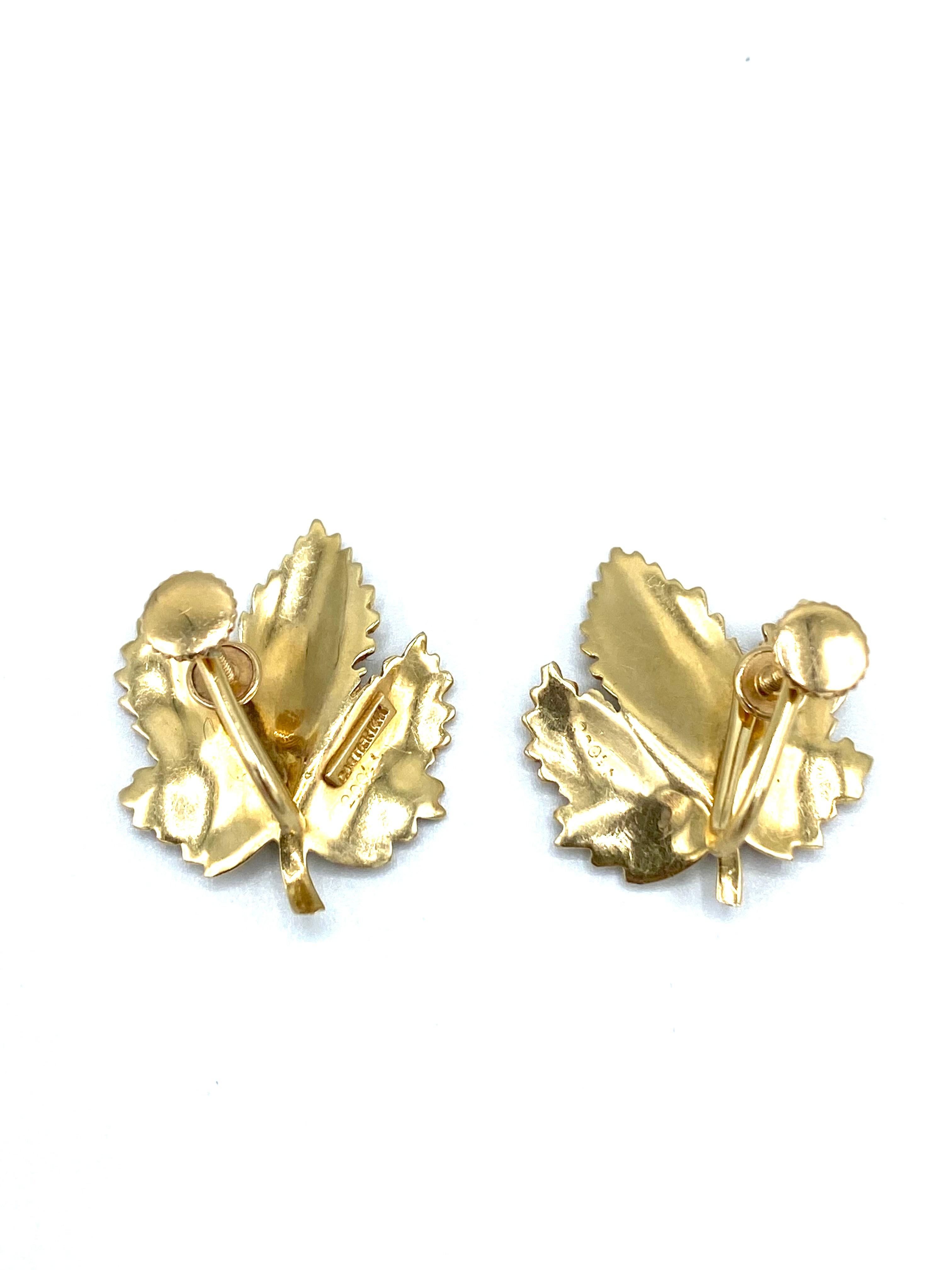 Old European Cut Vintage CARTIER Yellow Gold and Diamond Maple Leaves Earrings 