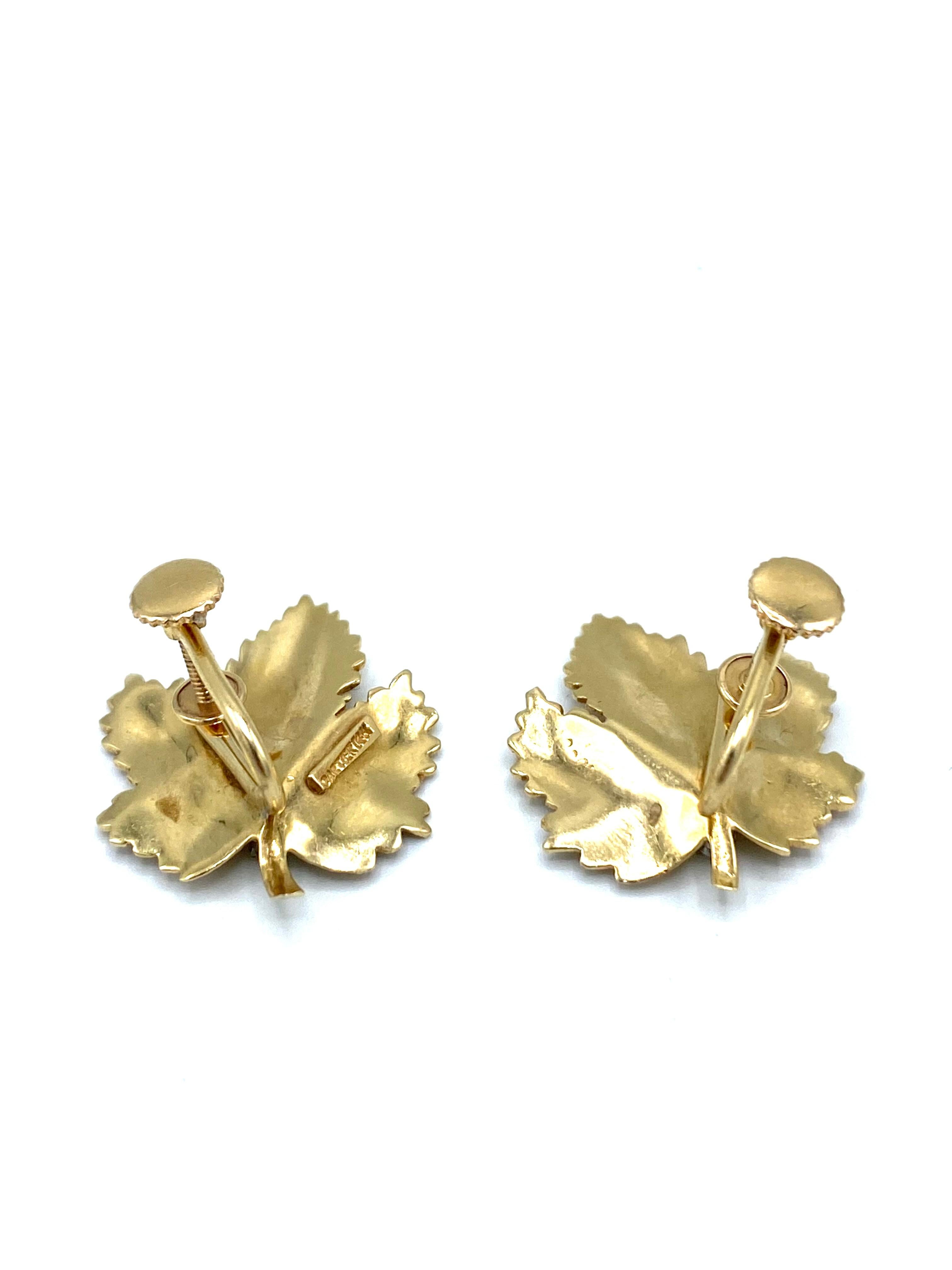 Women's or Men's Vintage CARTIER Yellow Gold and Diamond Maple Leaves Earrings 