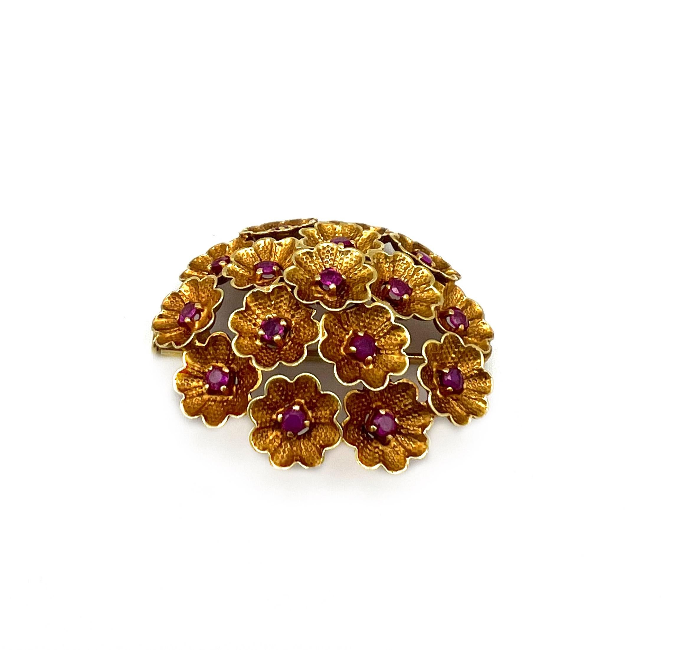 Retro Vintage Cartier Yellow Gold and Ruby Flower Brooch
