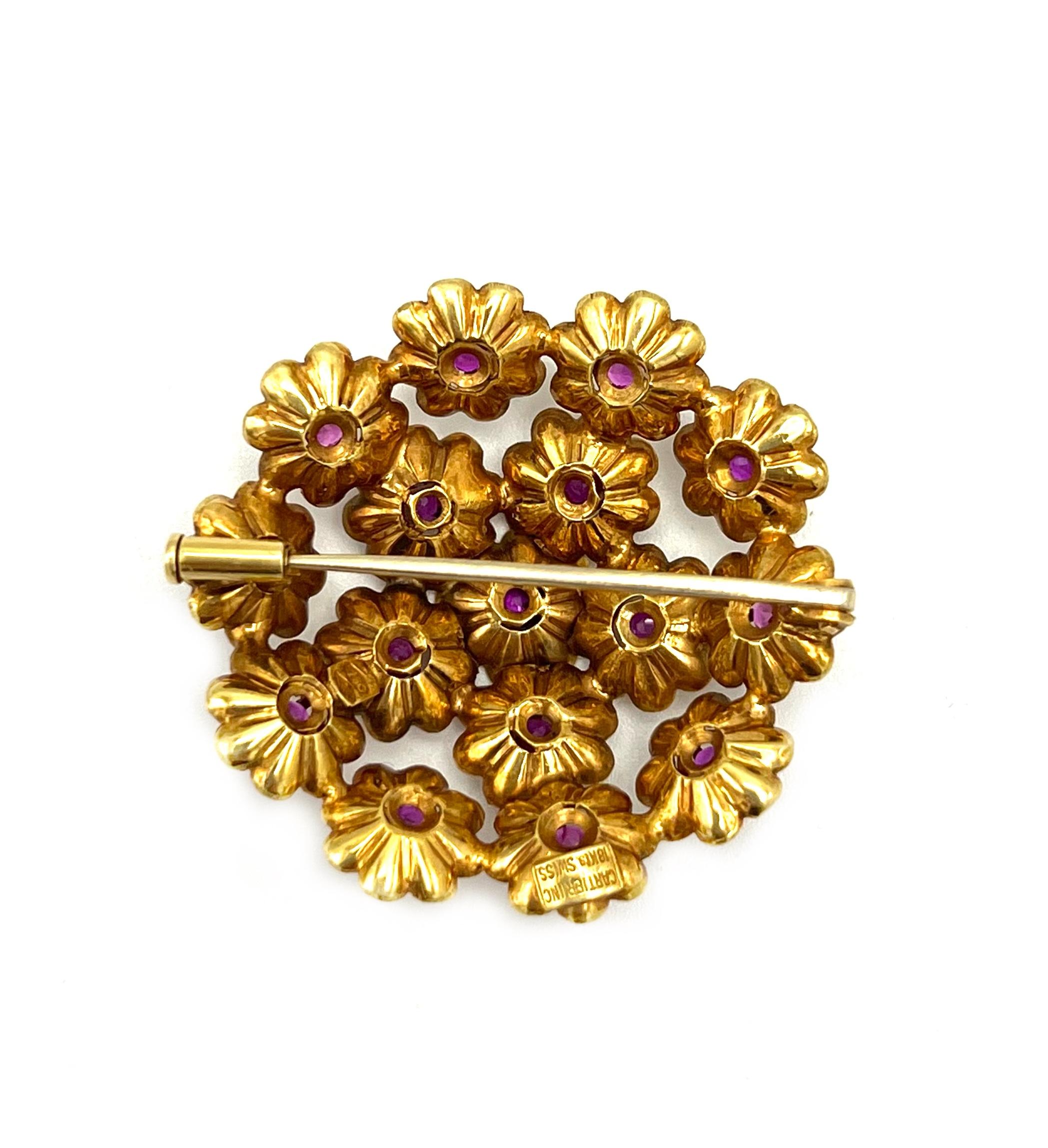 Round Cut Vintage Cartier Yellow Gold and Ruby Flower Brooch