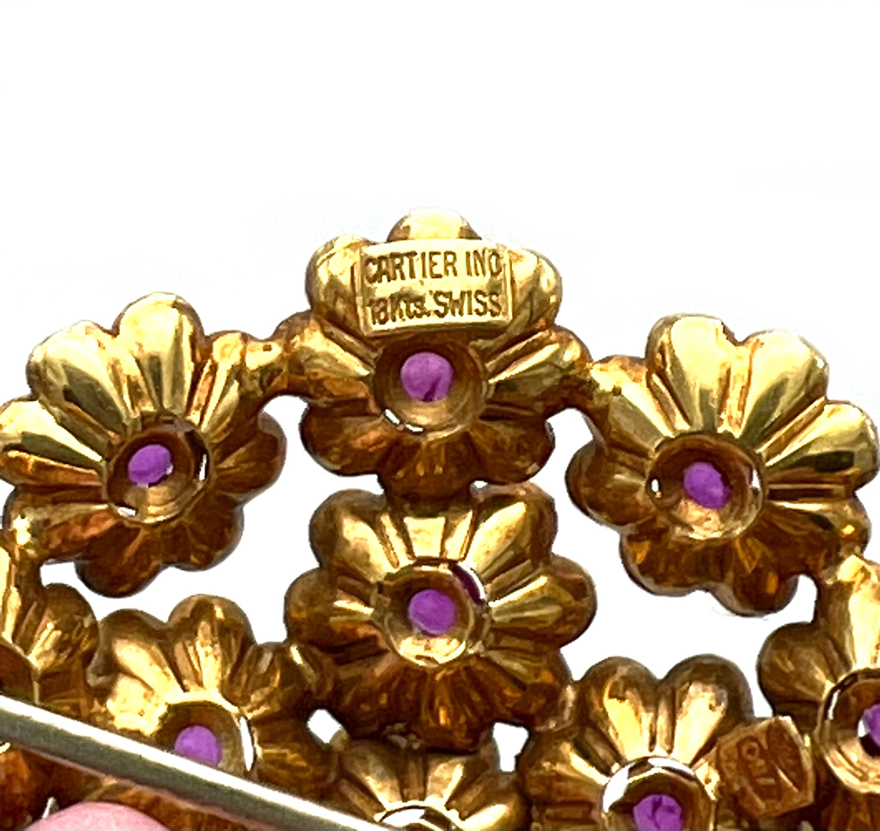 Vintage Cartier Yellow Gold and Ruby Flower Brooch In Excellent Condition In Beverly Hills, CA