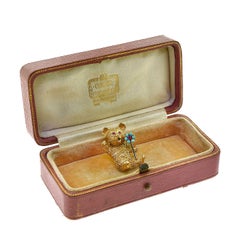 Vintage Cartier Yellow Gold Bear Ruby, Turquoise Flower Brooch Pin