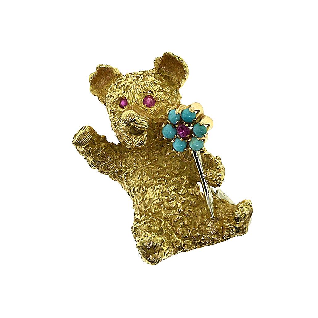 Vintage Cartier Yellow Gold Bear Ruby, Turquoise Flower Brooch Pin