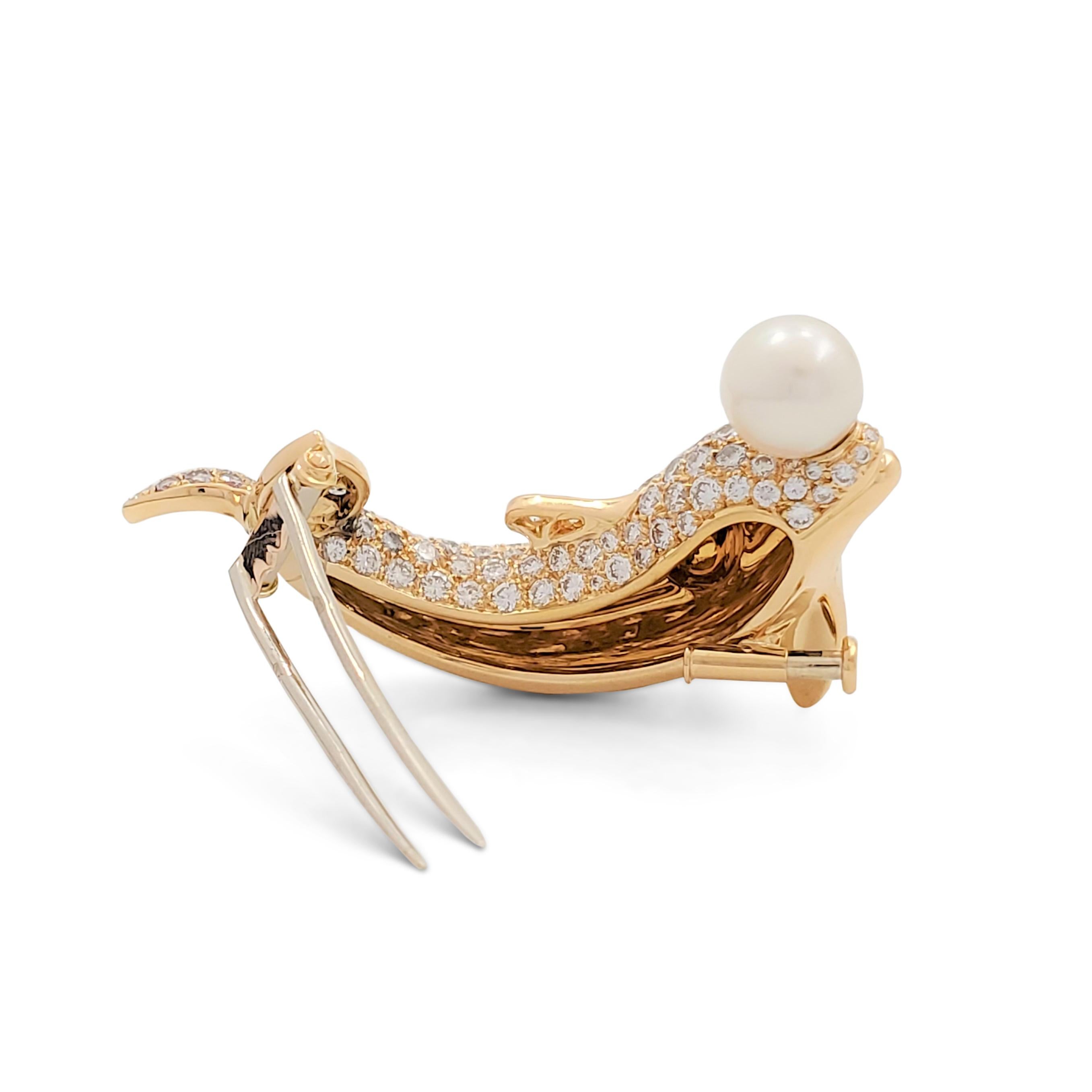 Round Cut Vintage Cartier Yellow Gold Diamond Pearl and Emerald Dolphin Brooch