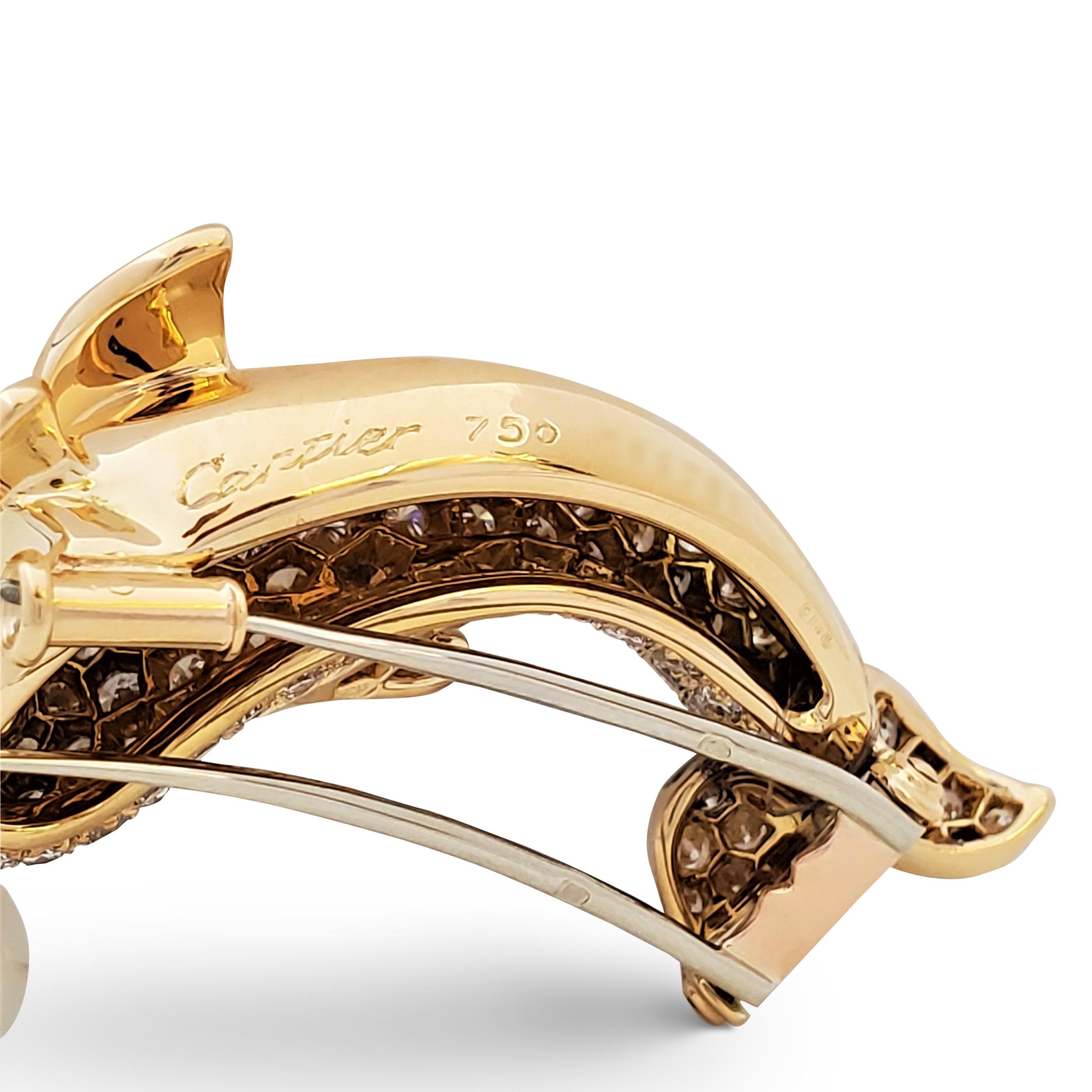 Vintage Cartier Yellow Gold Diamond Pearl and Emerald Dolphin Brooch In Excellent Condition In New York, NY