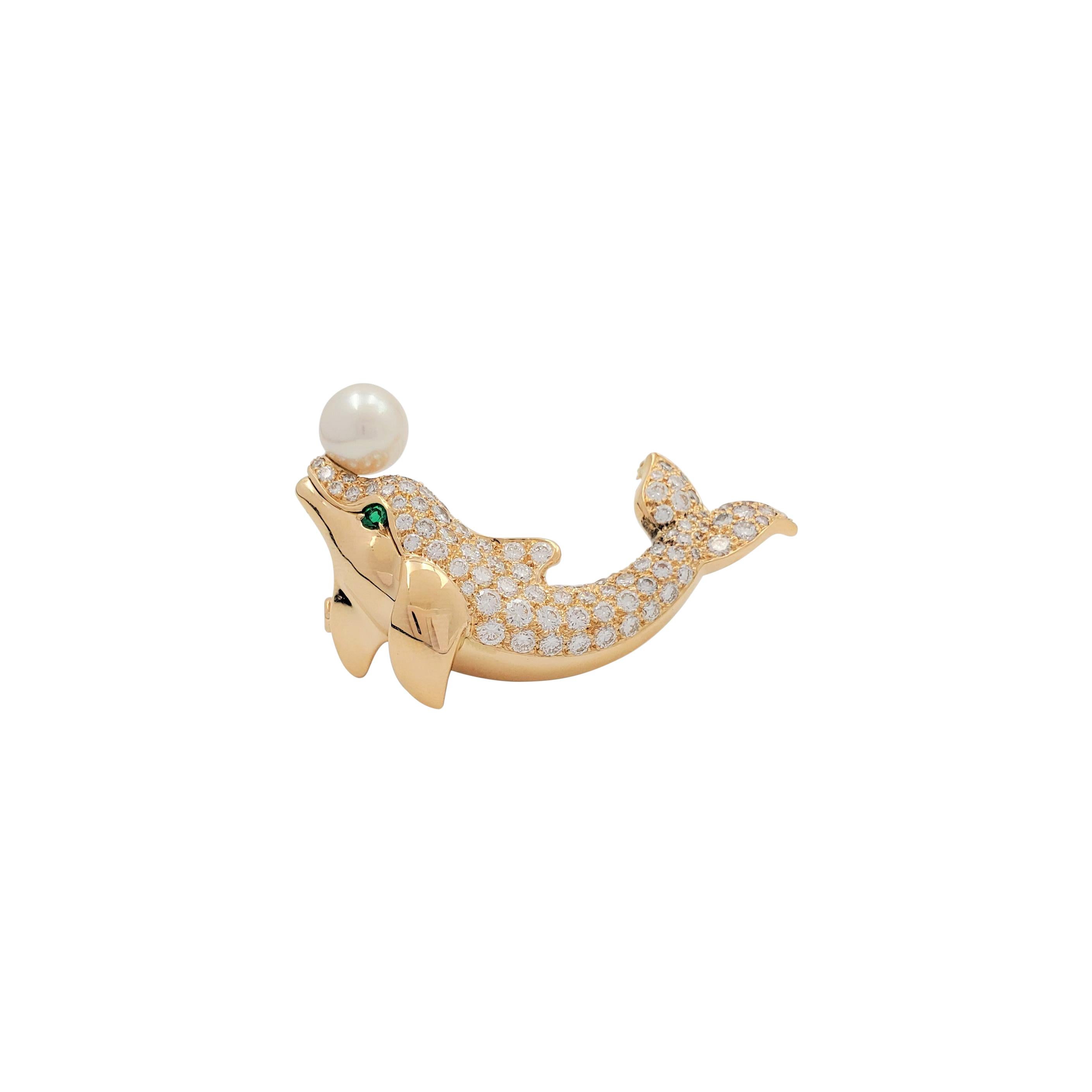 Vintage Cartier Yellow Gold Diamond Pearl and Emerald Dolphin Brooch
