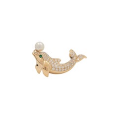 Vintage Cartier Yellow Gold Diamond Pearl and Emerald Dolphin Brooch
