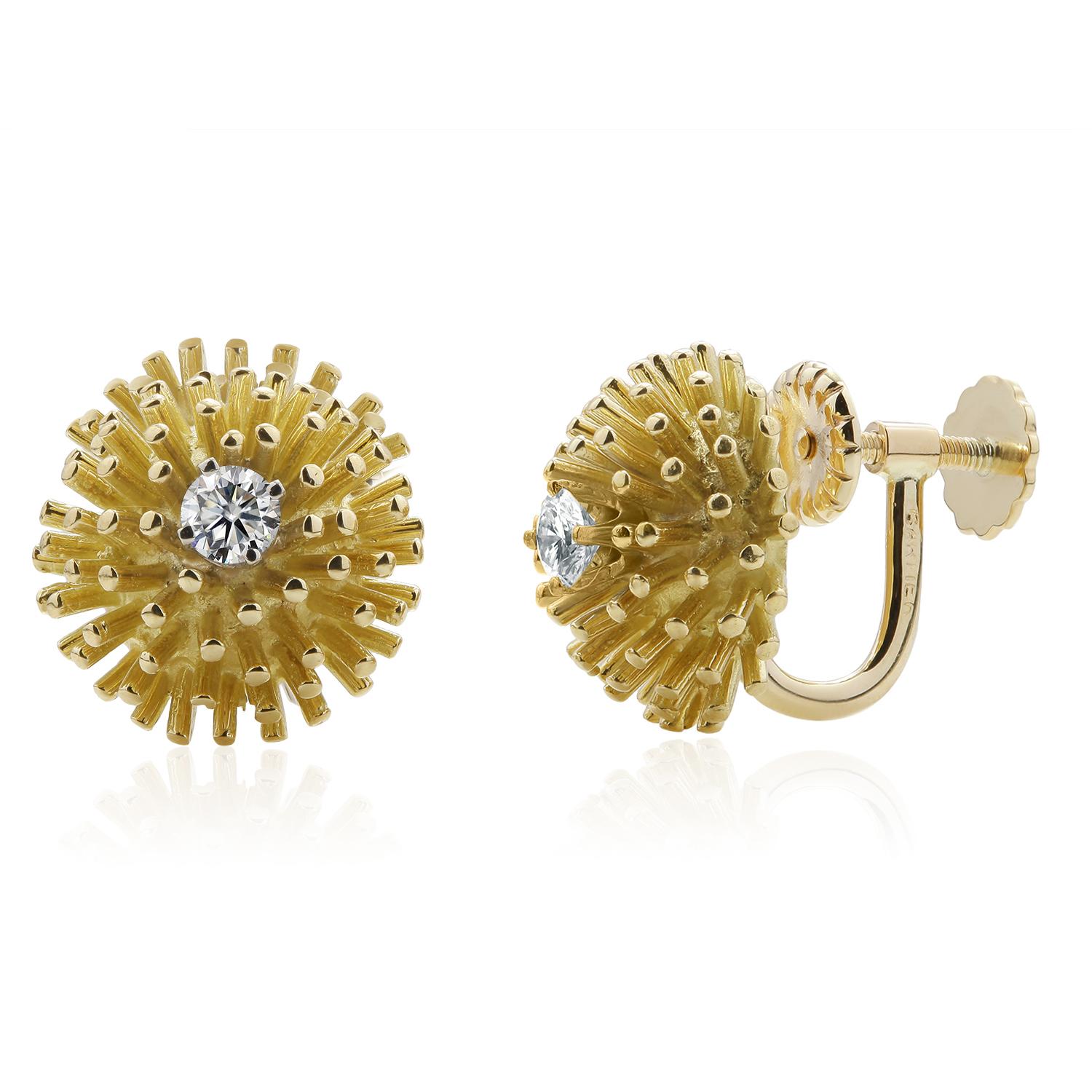 Brilliant Cut Vintage Cartier Yellow Gold Spiked Design Half Dome Diamond 0.40 Carat Earrings  For Sale