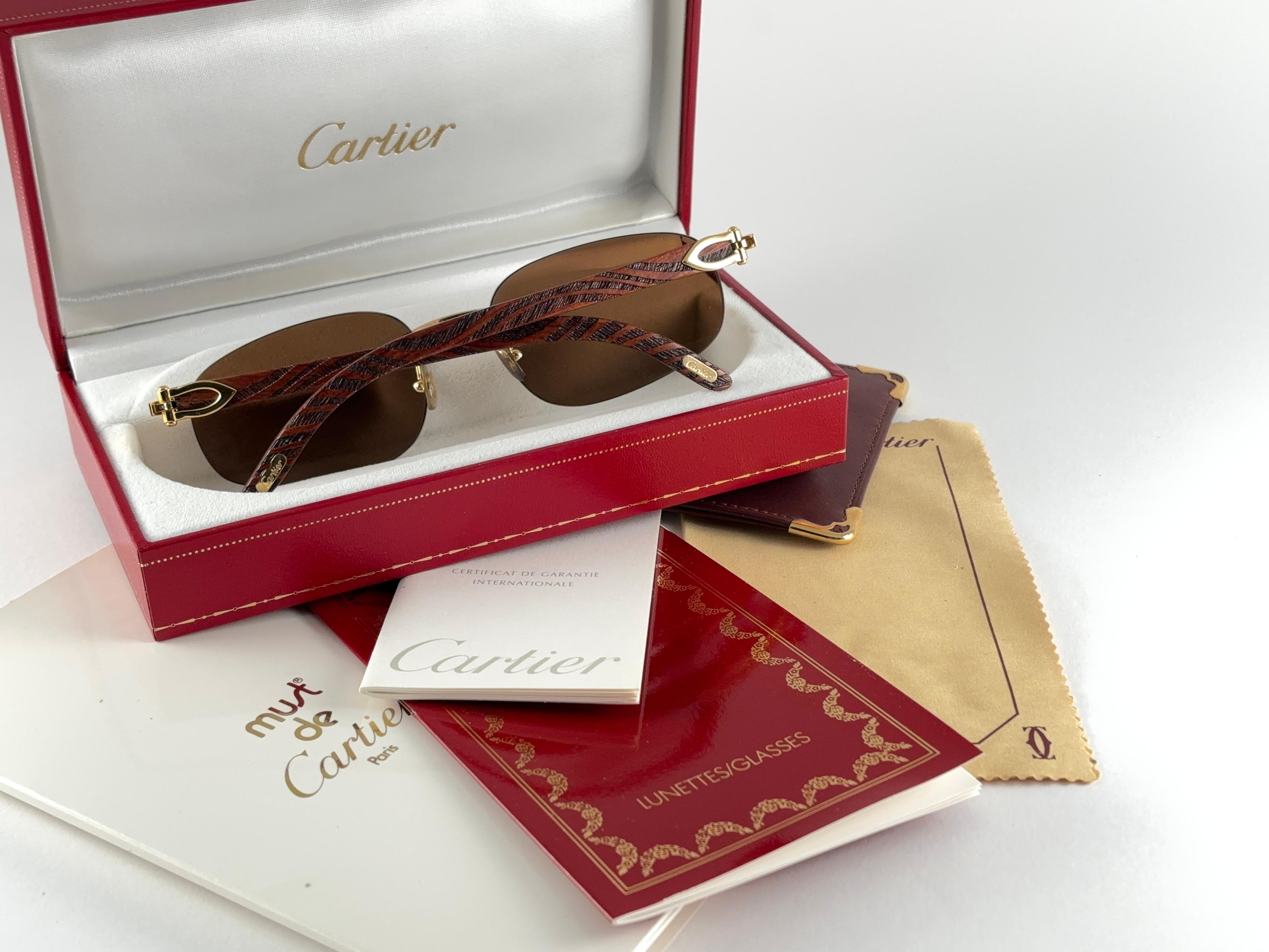 Lunettes de soleil Vintage Cartier Zebra Precious Wood Full Set Gold C Decor France en vente 5