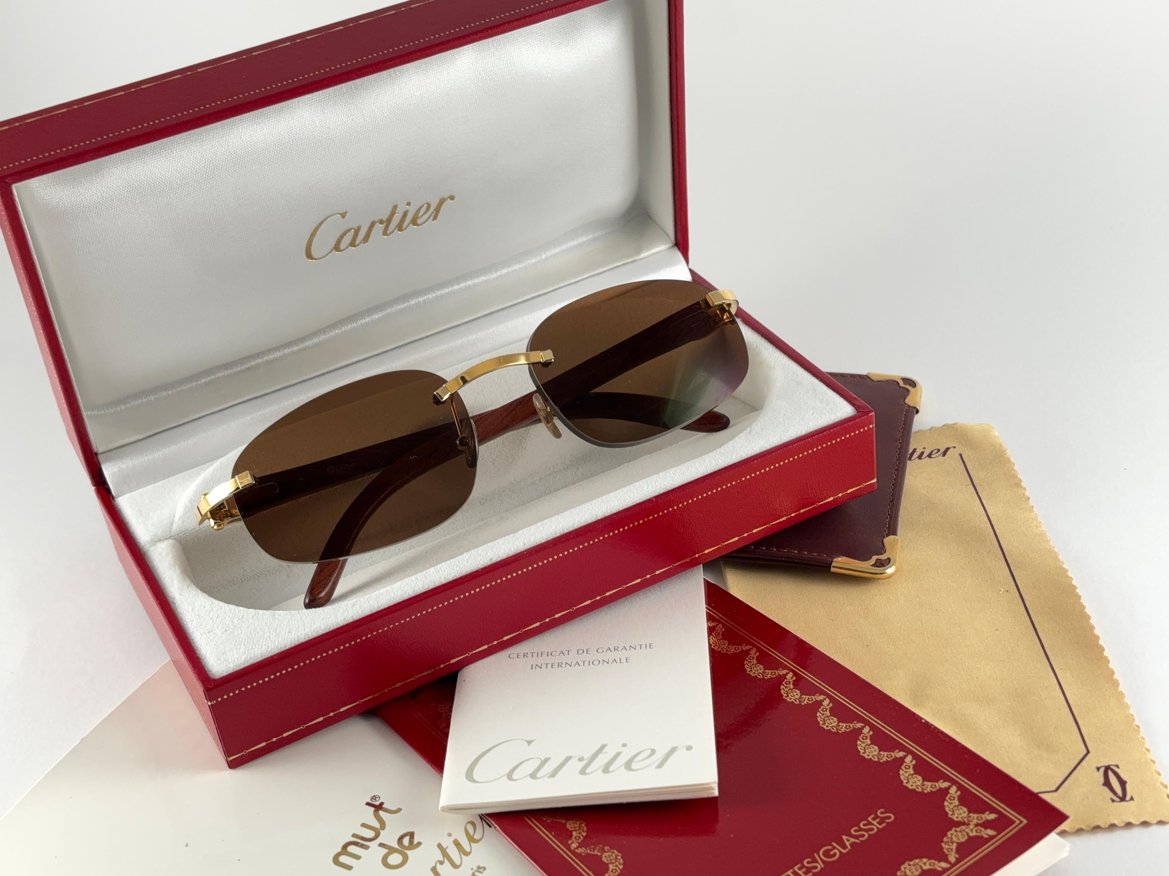 Lunettes de soleil Vintage Cartier Zebra Precious Wood Full Set Gold C Decor France en vente 6
