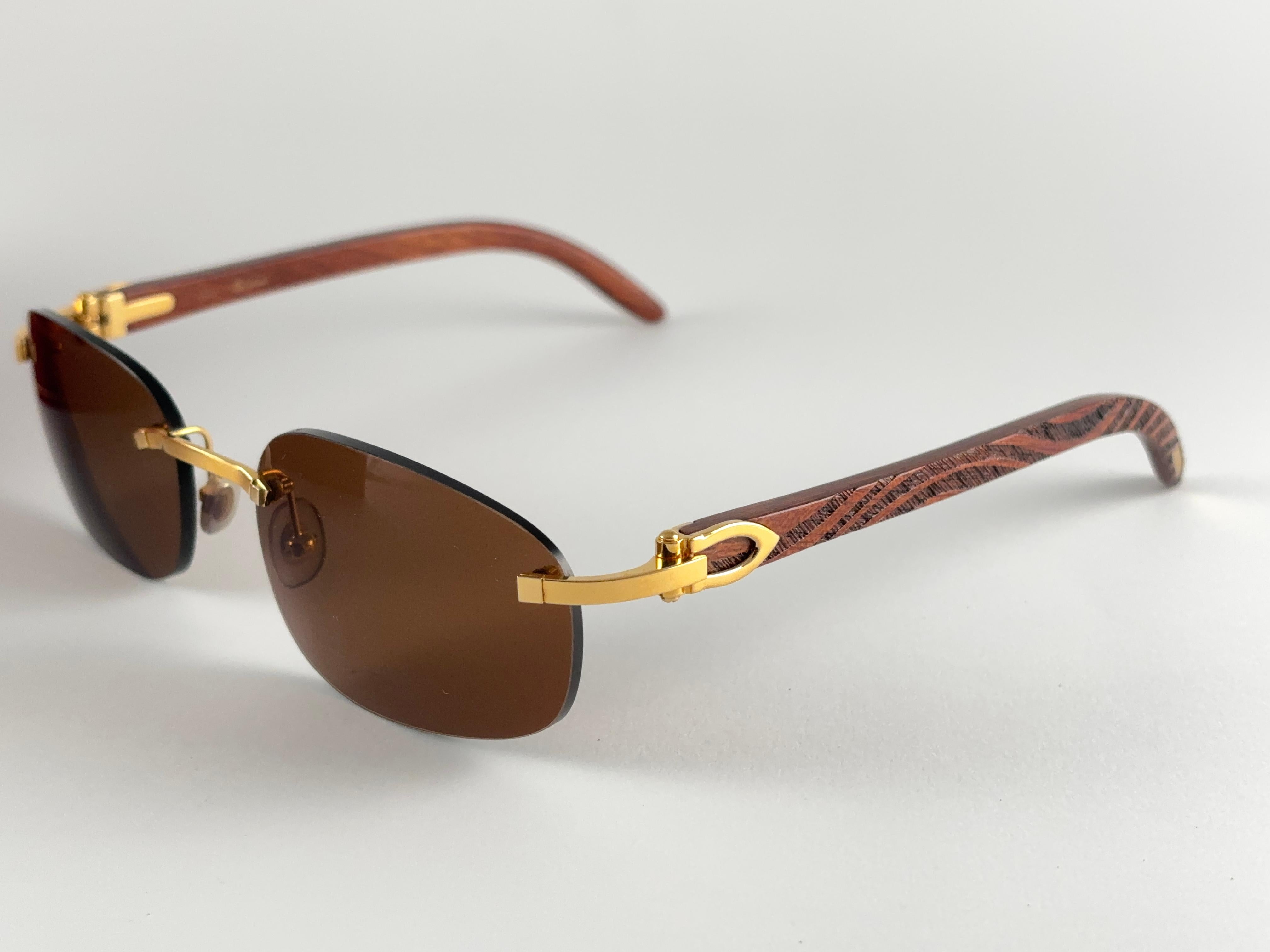 Lunettes de soleil Vintage Cartier Zebra Precious Wood Full Set Gold C Decor France Unisexe en vente