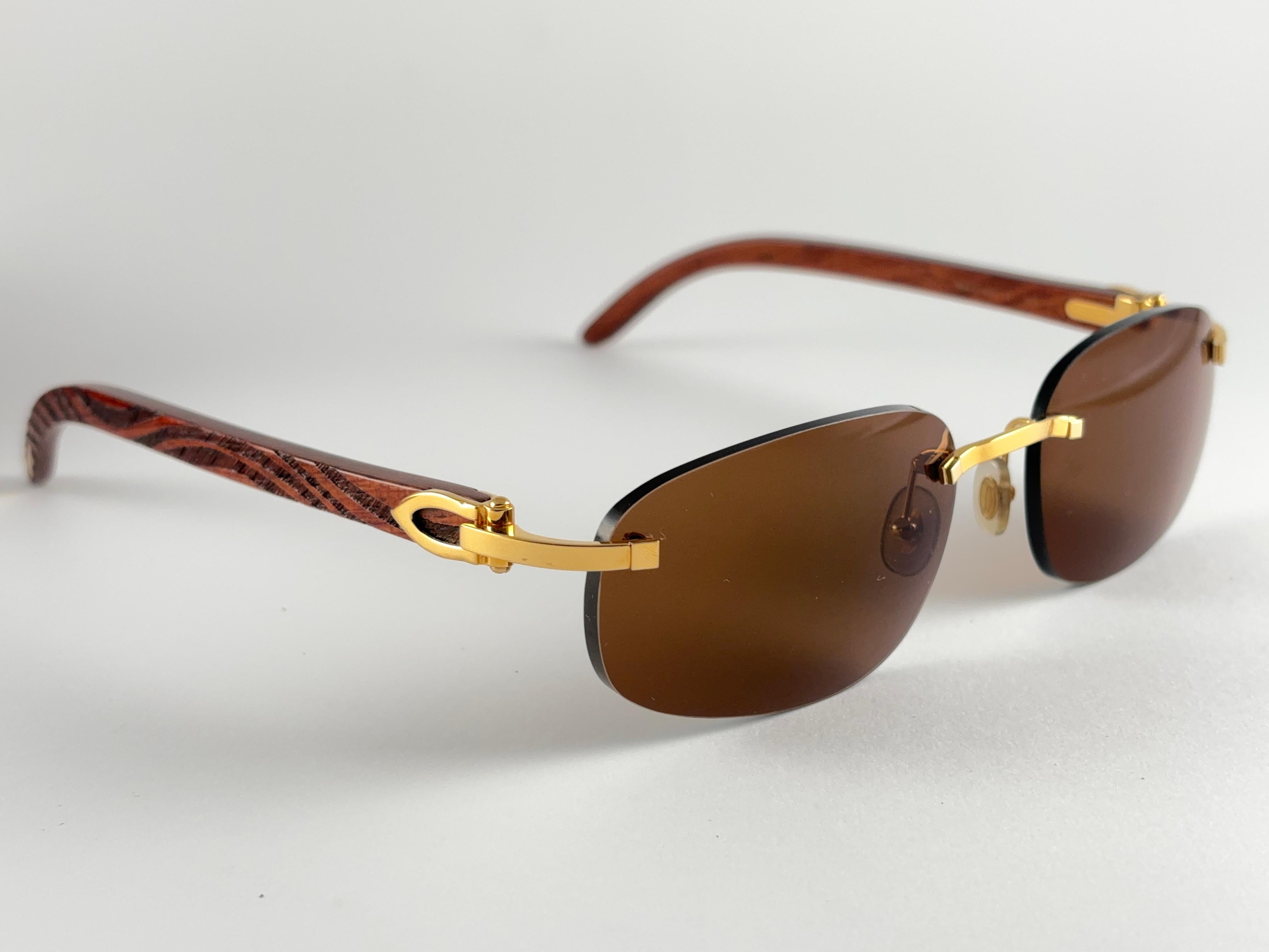 Lunettes de soleil Vintage Cartier Zebra Precious Wood Full Set Gold C Decor France en vente 1