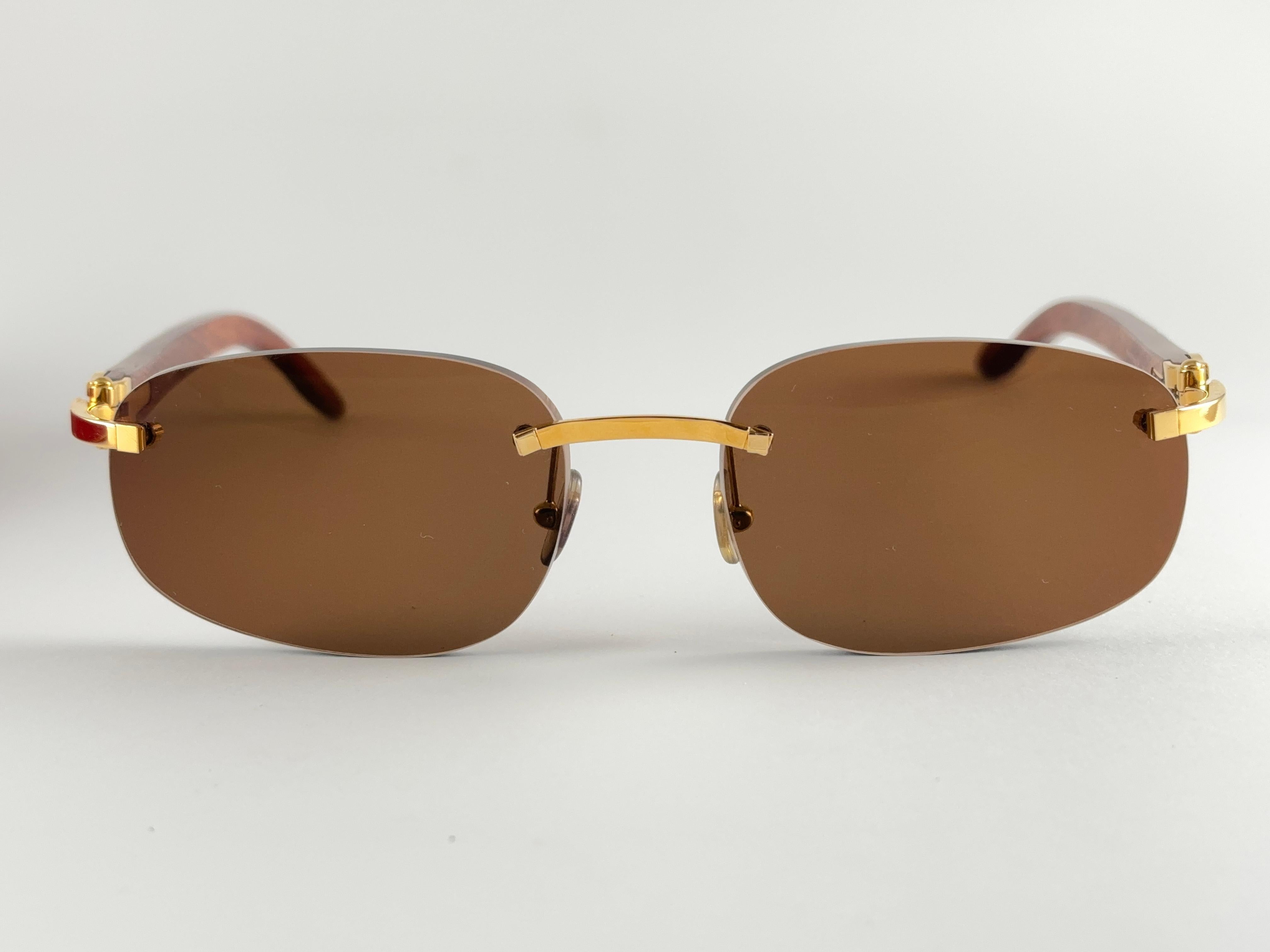 Lunettes de soleil Vintage Cartier Zebra Precious Wood Full Set Gold C Decor France en vente 2