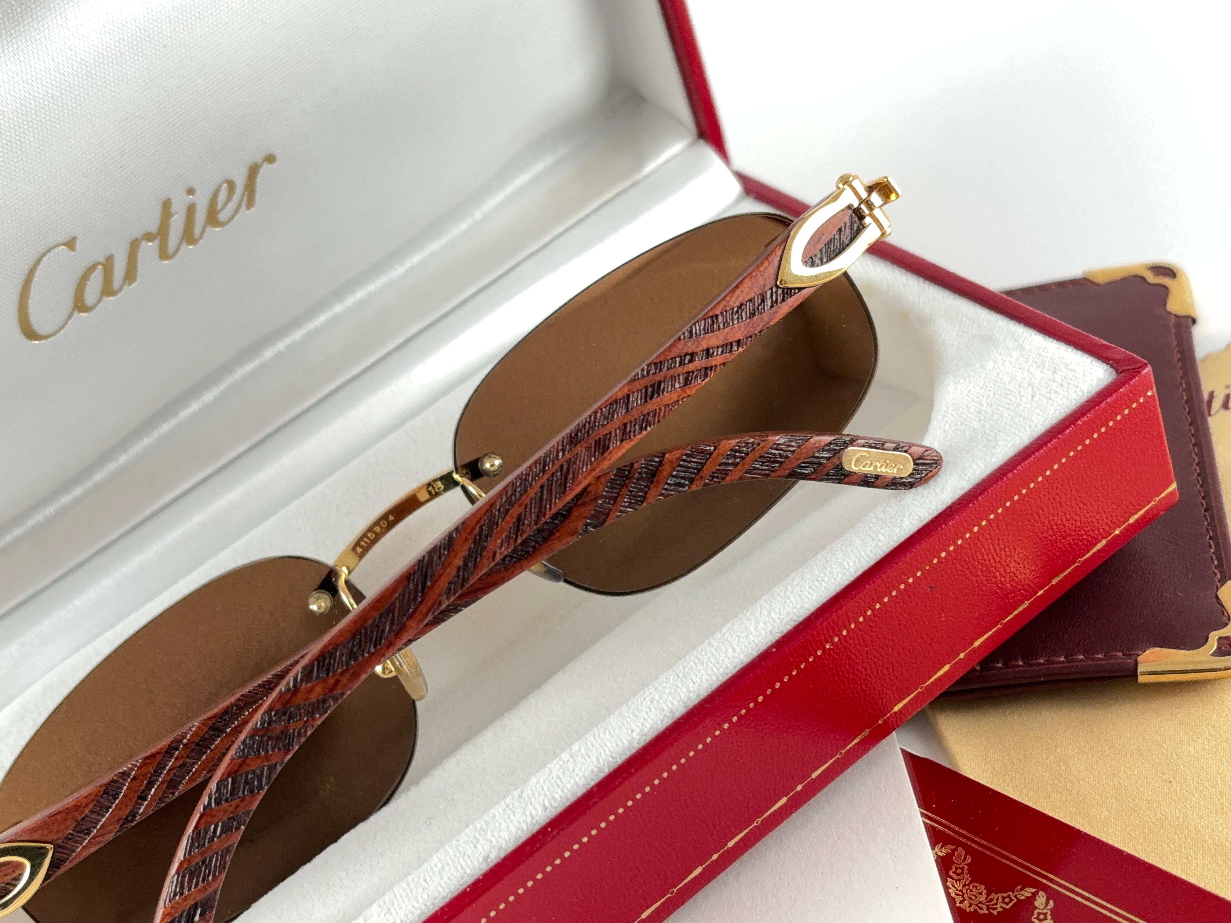 Lunettes de soleil Vintage Cartier Zebra Precious Wood Full Set Gold C Decor France en vente 3