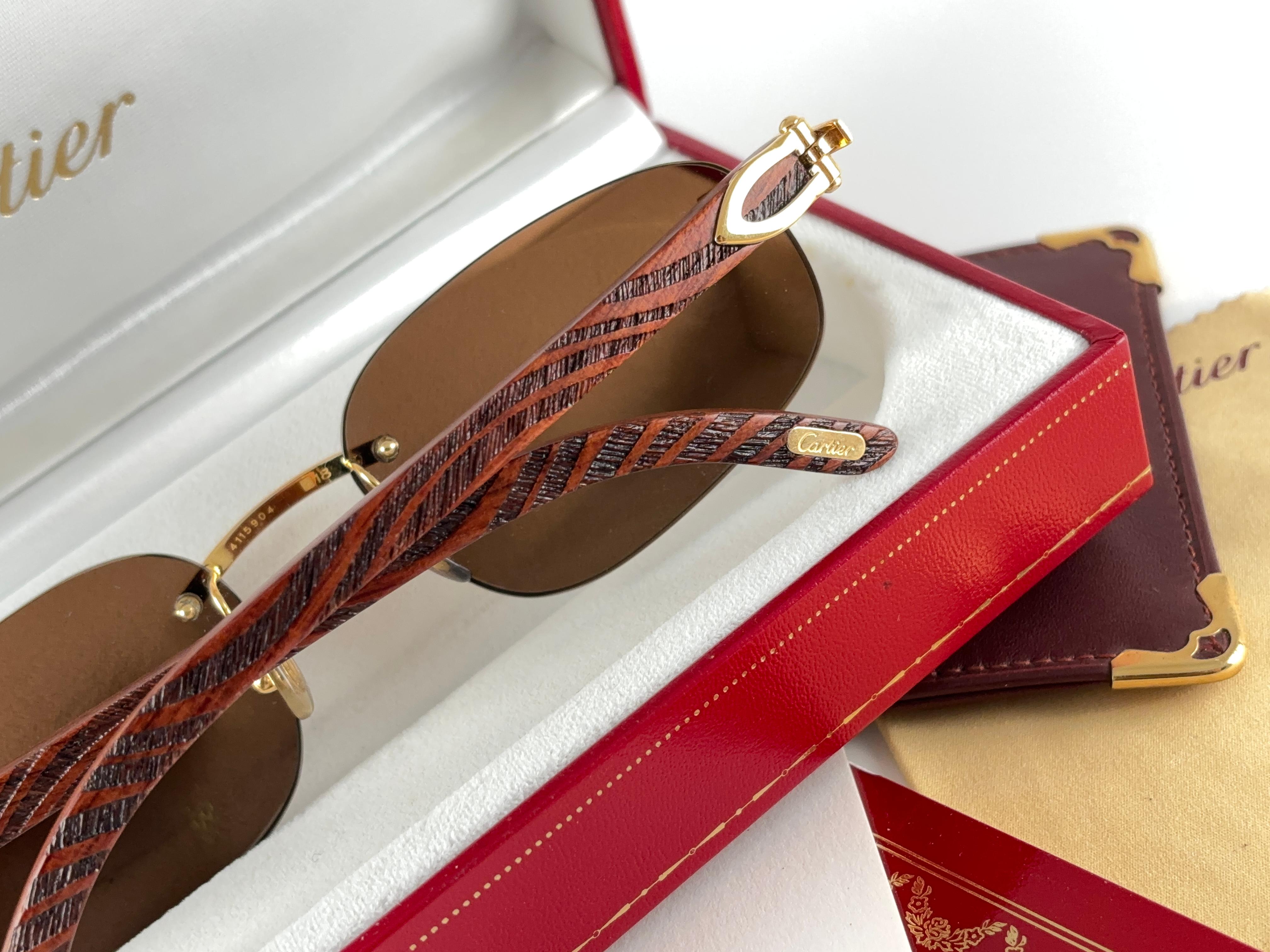 Lunettes de soleil Vintage Cartier Zebra Precious Wood Full Set Gold C Decor France en vente 4