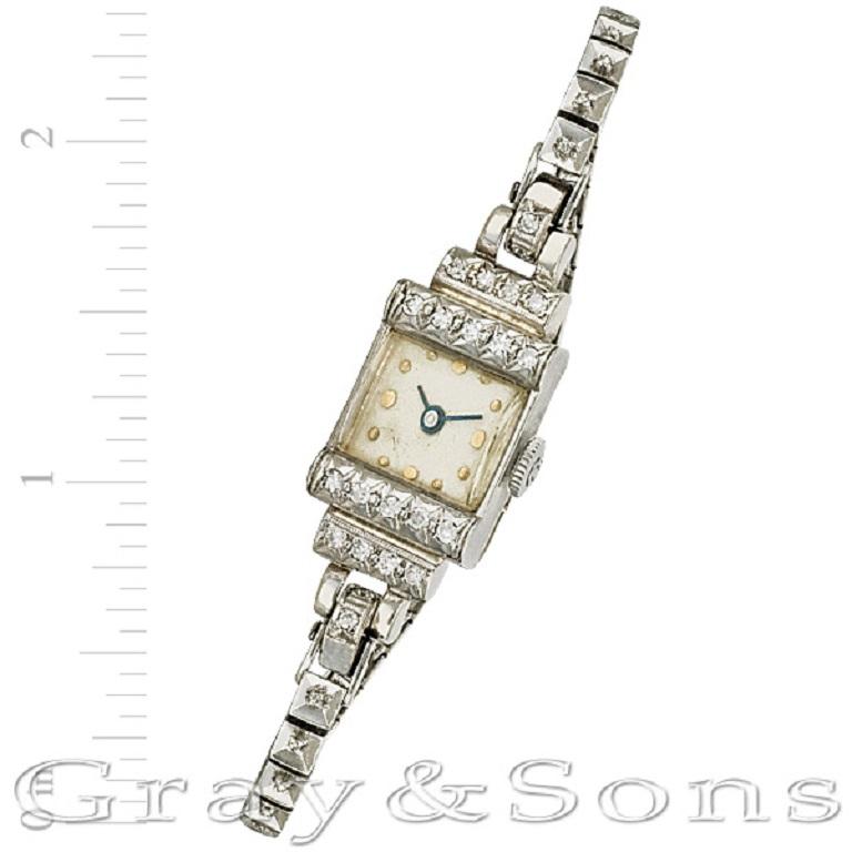 Ladies Vintage Cartina watch in 14k white gold and diamonds. Manual. Fine Pre-owned Vintage Watch.

Certified preowned Vintage Vintage watch is made out of white gold on a 14k White Gold bracelet with a 14k White Gold Fliplock buckle. This Vintage