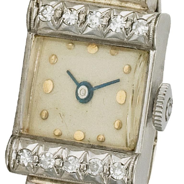 Cartina Vintage-Uhr aus 14 Karat Weißgold, handgefertigt, mit quadratischem Gehäuseboden und Champagner Damen im Angebot