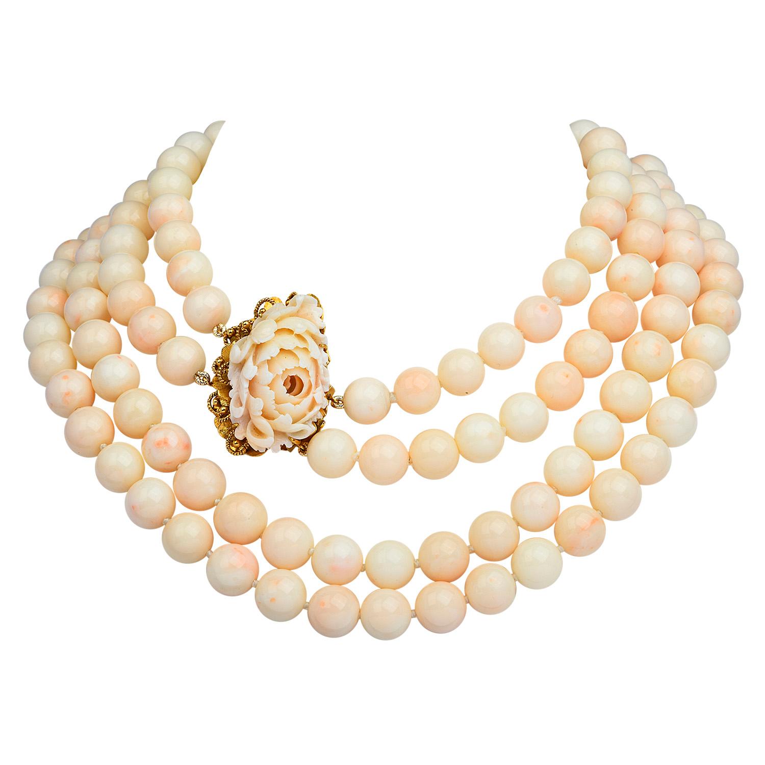 Vintage genuine natural color Angel Skin Coral, in a victorian style beaded neckacle, 

this exquisite & unique piece spans 33 inches around the neck or can be wrapped around & wore as a multi strand neckalce, 

Cabochon oval coral beads measuring
