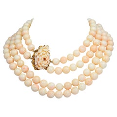 Vintage Carve Angel Skin Coral 14K Gold Flower Large Bead Necklace