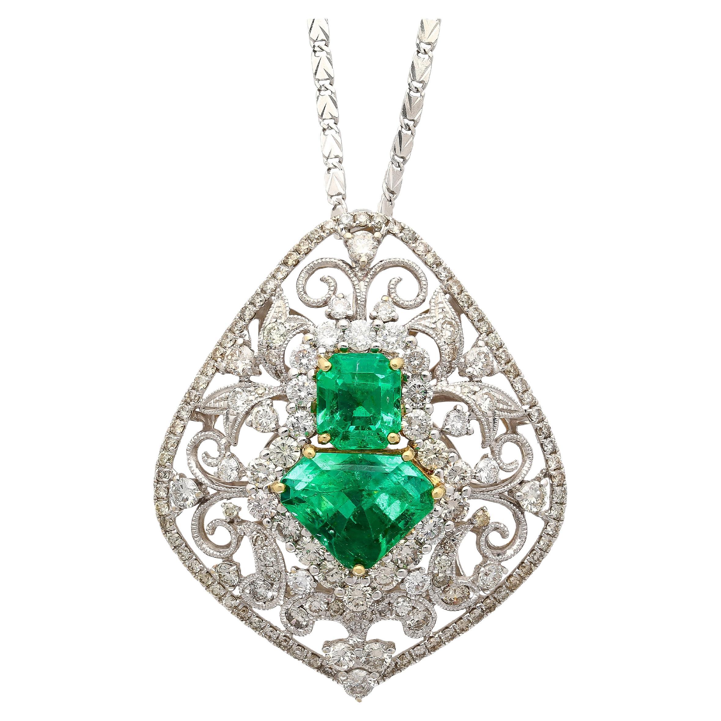 Vintage Carved 18K White Gold Pendant Necklace With Shield Cut Emeralds