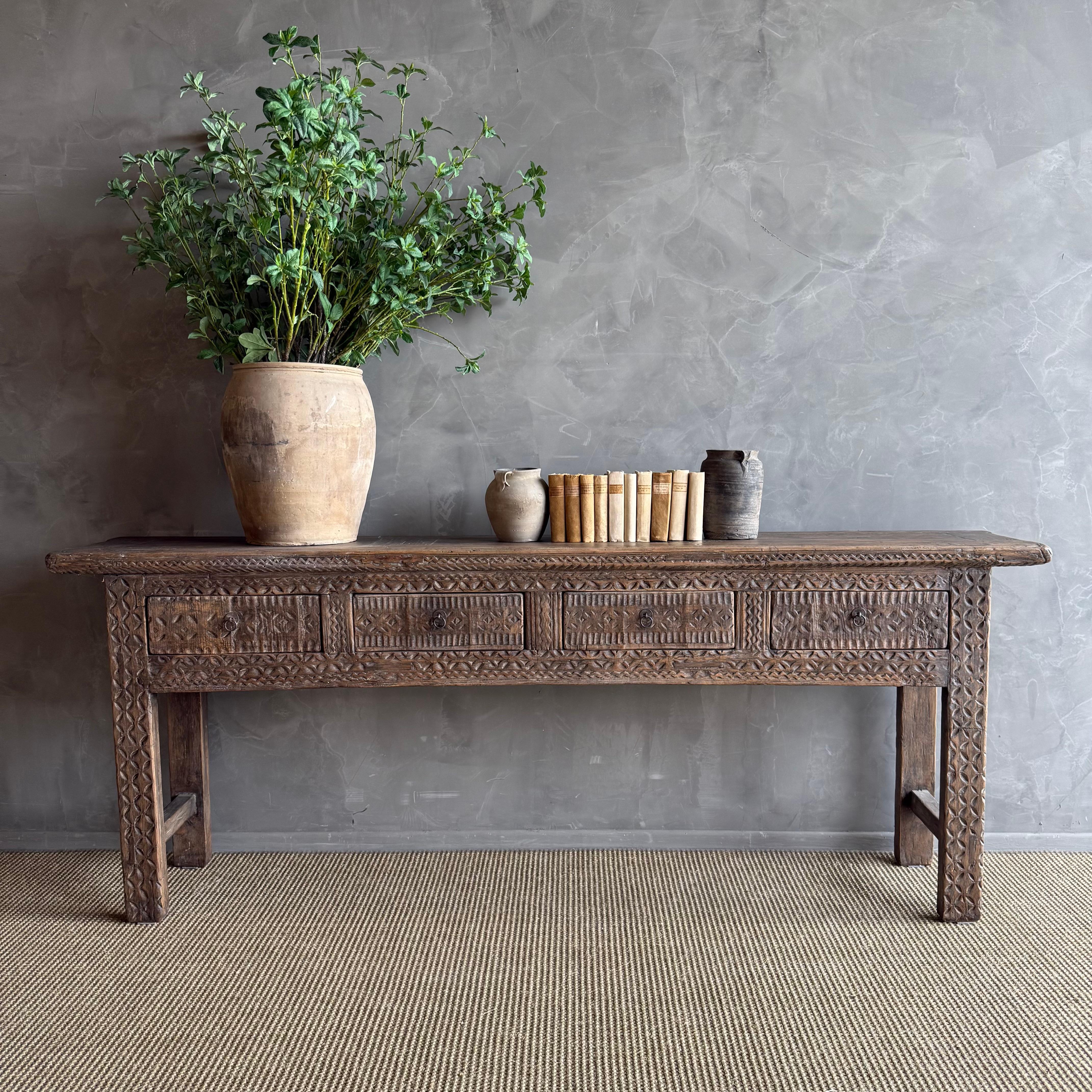 Vintage Carved 4 Drawer Console with Carvings For Sale 13