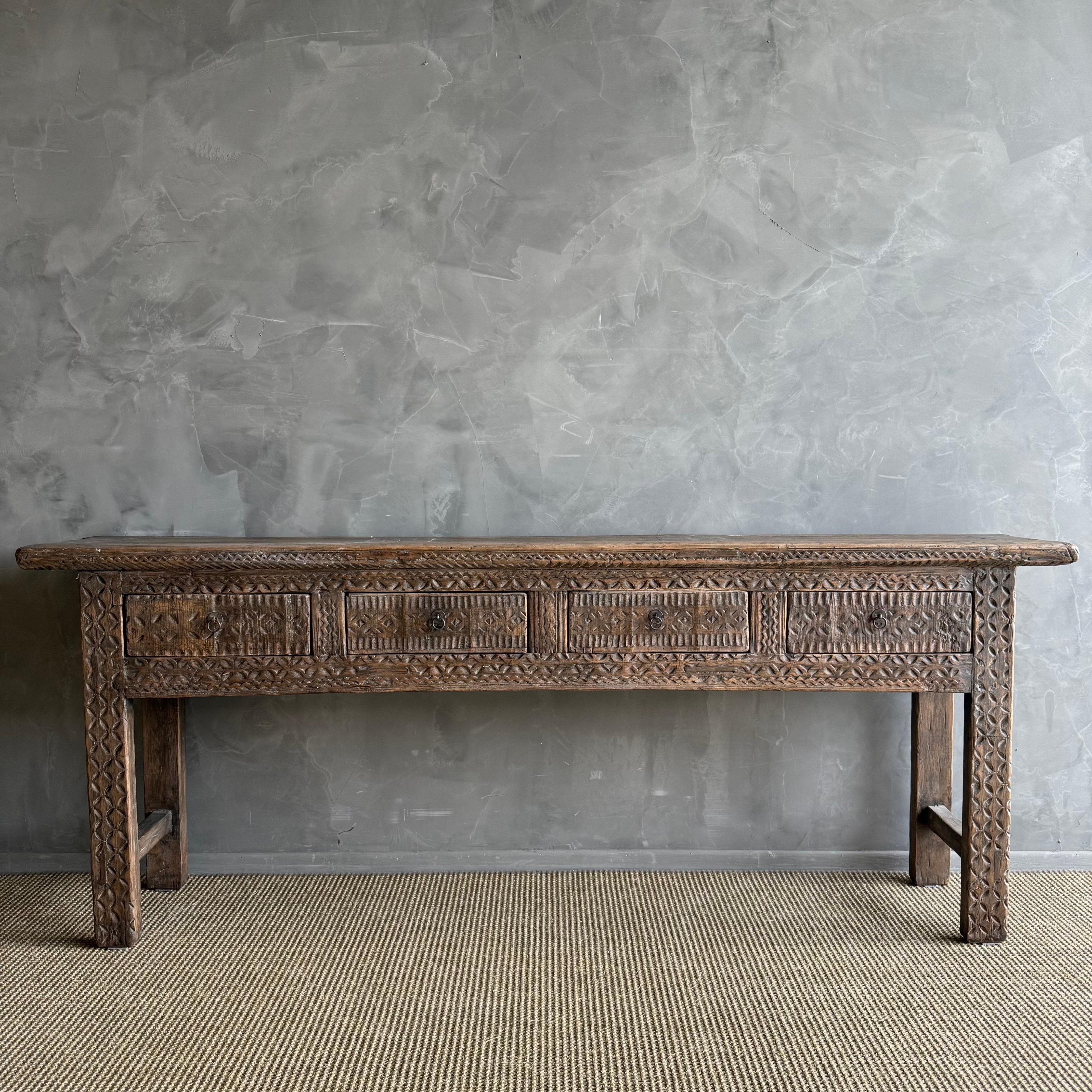 Vintage Carved 4 Drawer Console with Carvings In Good Condition For Sale In Old Town Orange, CA
