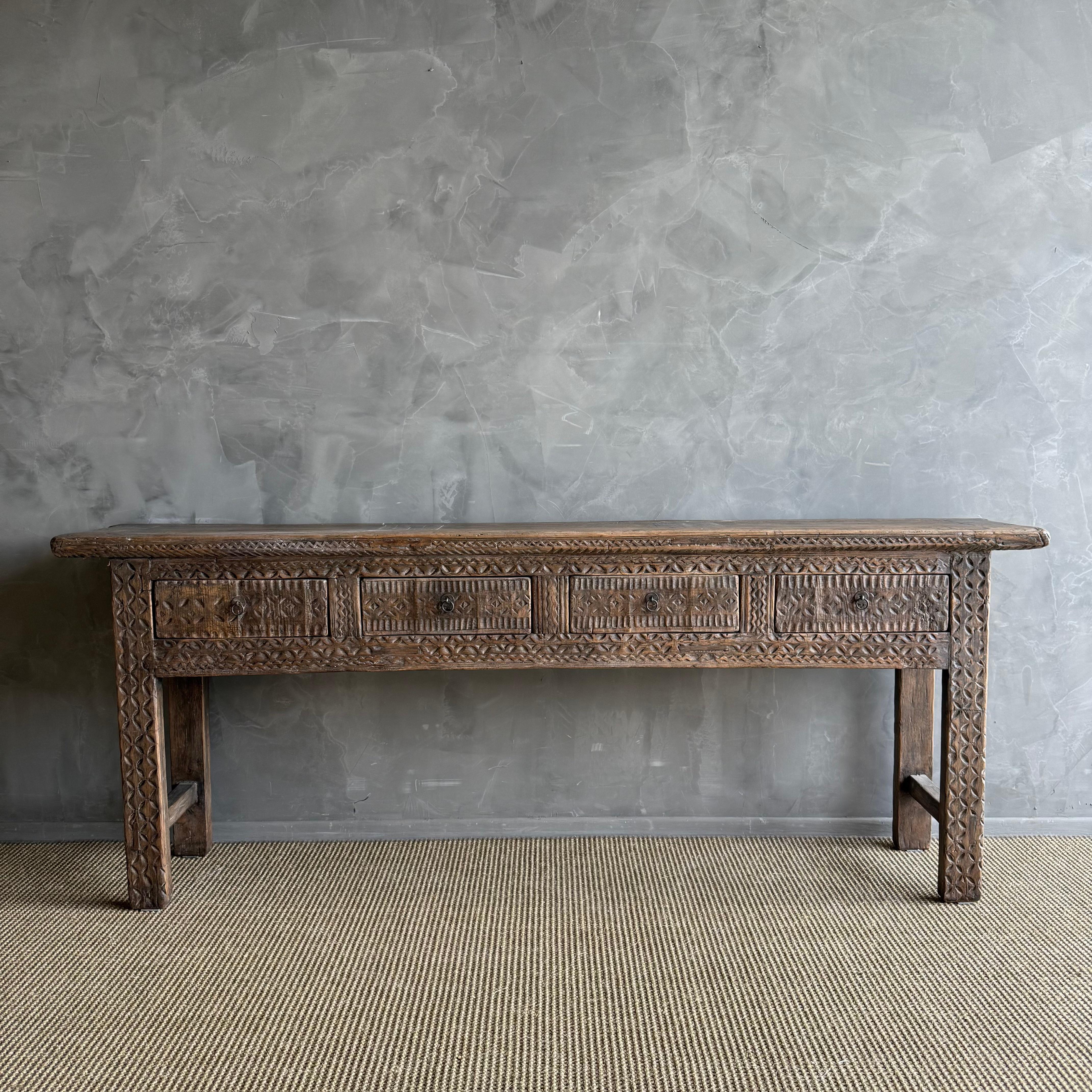 20th Century Vintage Carved 4 Drawer Console with Carvings For Sale
