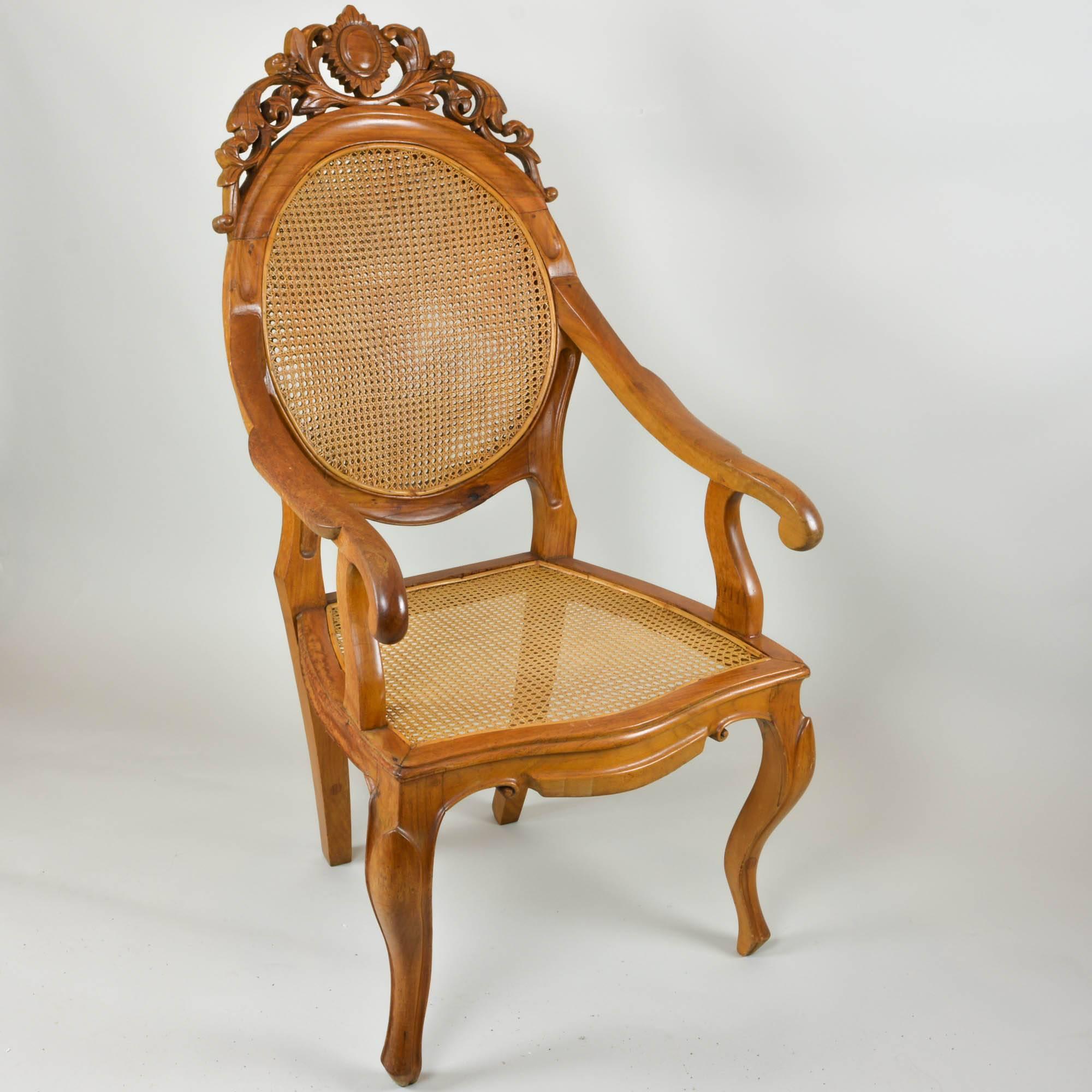 Country Vintage Carved Accent Chair with Caned Seat and Back For Sale