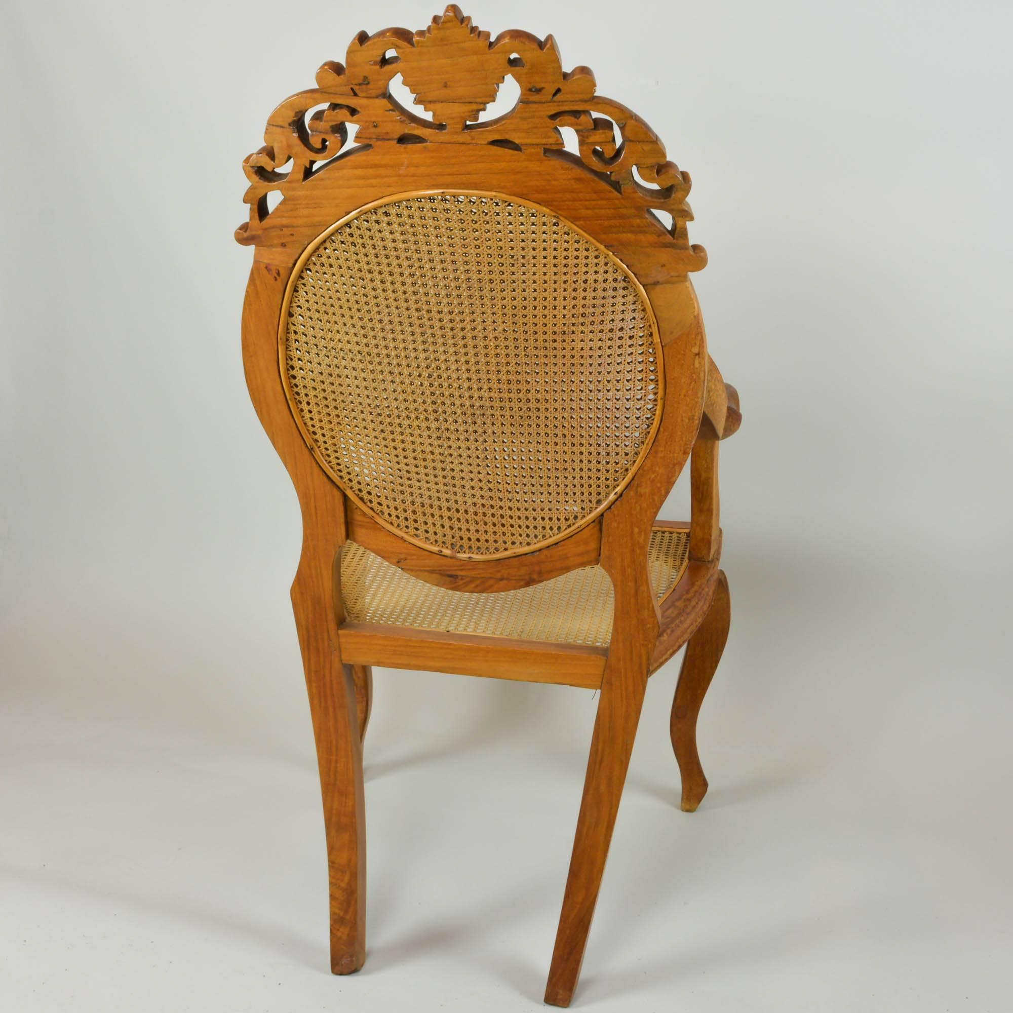 American Vintage Carved Accent Chair with Caned Seat and Back For Sale