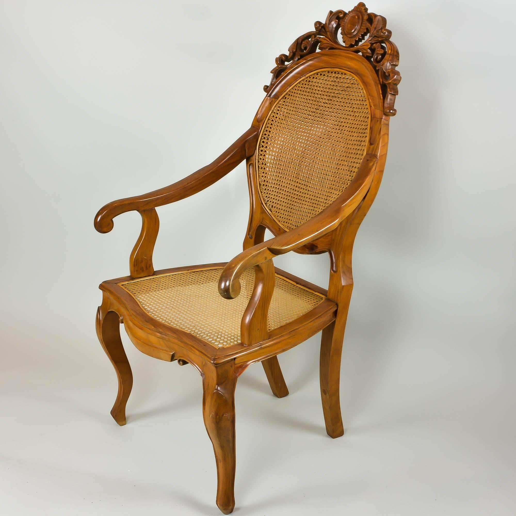 Hand-Carved Vintage Carved Accent Chair with Caned Seat and Back For Sale