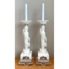 Vintage Carved Alabaster Floral Ring Candlestick Lamps - A Pair
