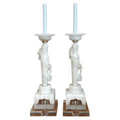 Vintage Carved Alabaster Floral Ring Candlestick Lamps - A Pair