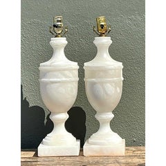 Vintage Carved Alabaster Lamps - A Pair