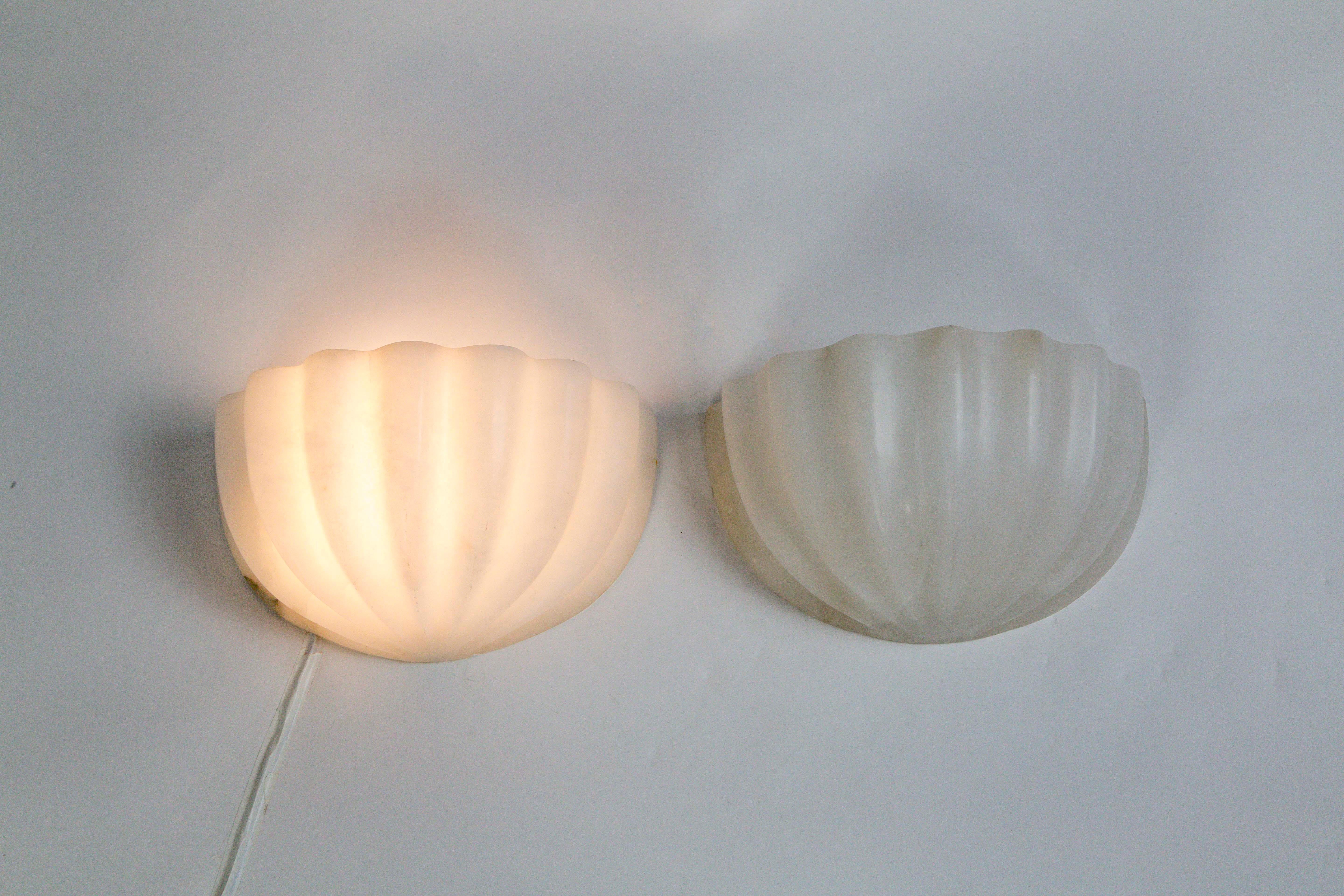Vintage Carved Alabaster Shell Sconces by Boyd, Pair 3